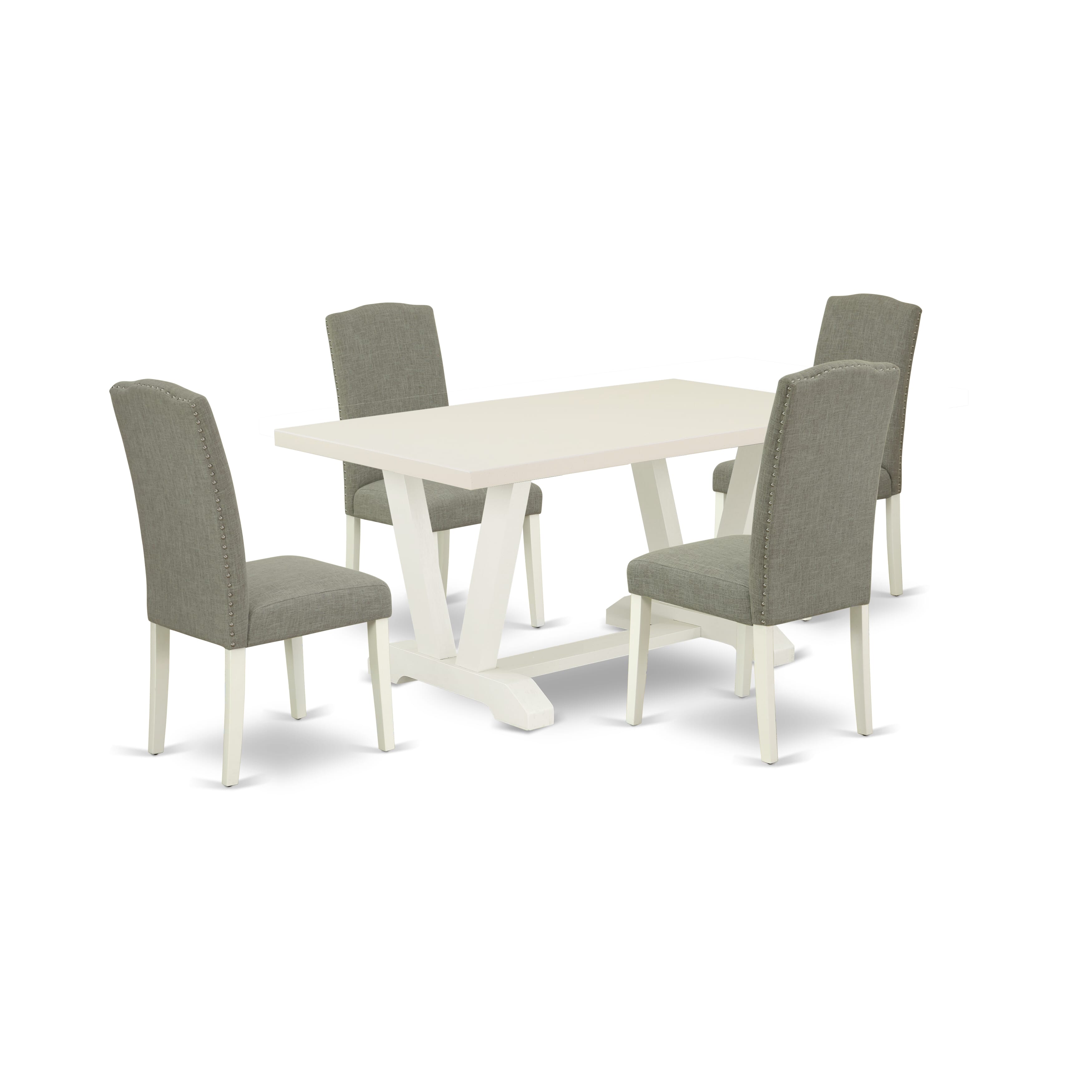 Juego de comedor de 5 piezas East West Furniture. Incluye 4 sillas de comedor con asiento tapizado con clavos, elegante respaldo y mesa de comedor rectangular con cubierta de lino blanco. Acabado en lino blanco.