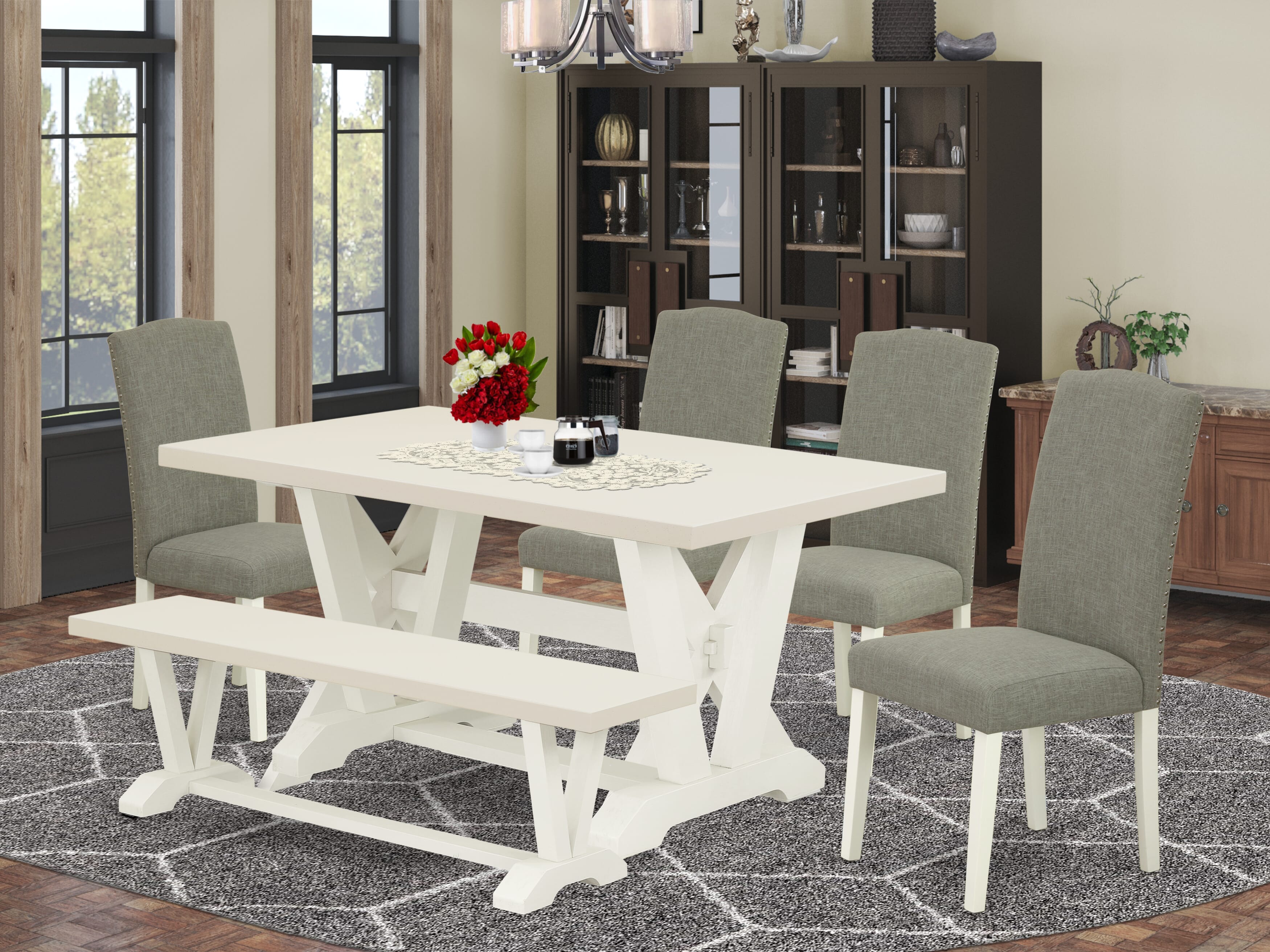 East West Furniture V026EN206-6 6-Piece Table Dining Set-Dark Shitake Linen Fabric Seat and Stylish Chair Back Kitchen chairs, A Rectangular Bench and Rectangular top Kitchen Table with Hardwood Legs - linen white and linen white Finish