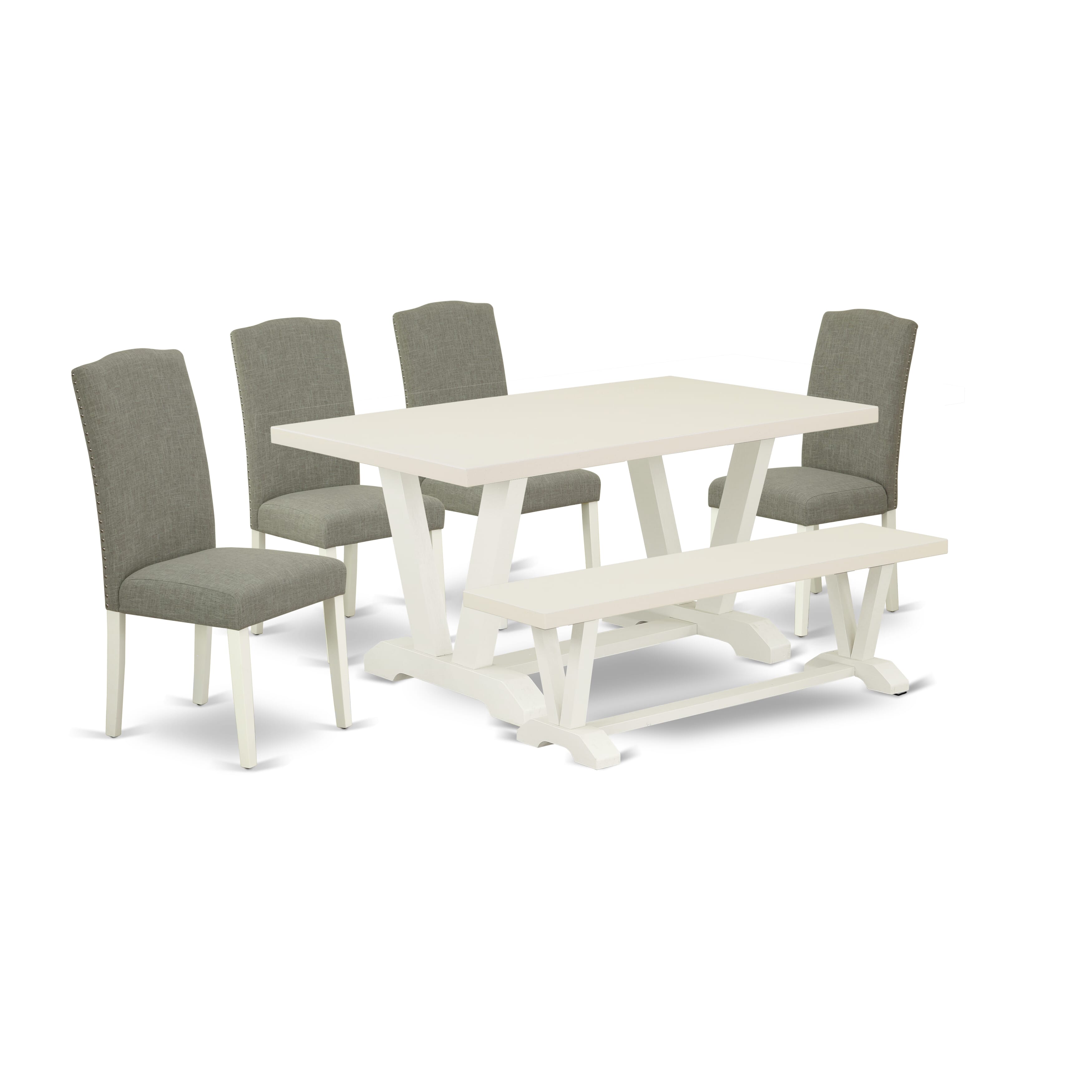 East West Furniture V026EN206-6 6-Piece Table Dining Set-Dark Shitake Linen Fabric Seat and Stylish Chair Back Kitchen chairs, A Rectangular Bench and Rectangular top Kitchen Table with Hardwood Legs - linen white and linen white Finish