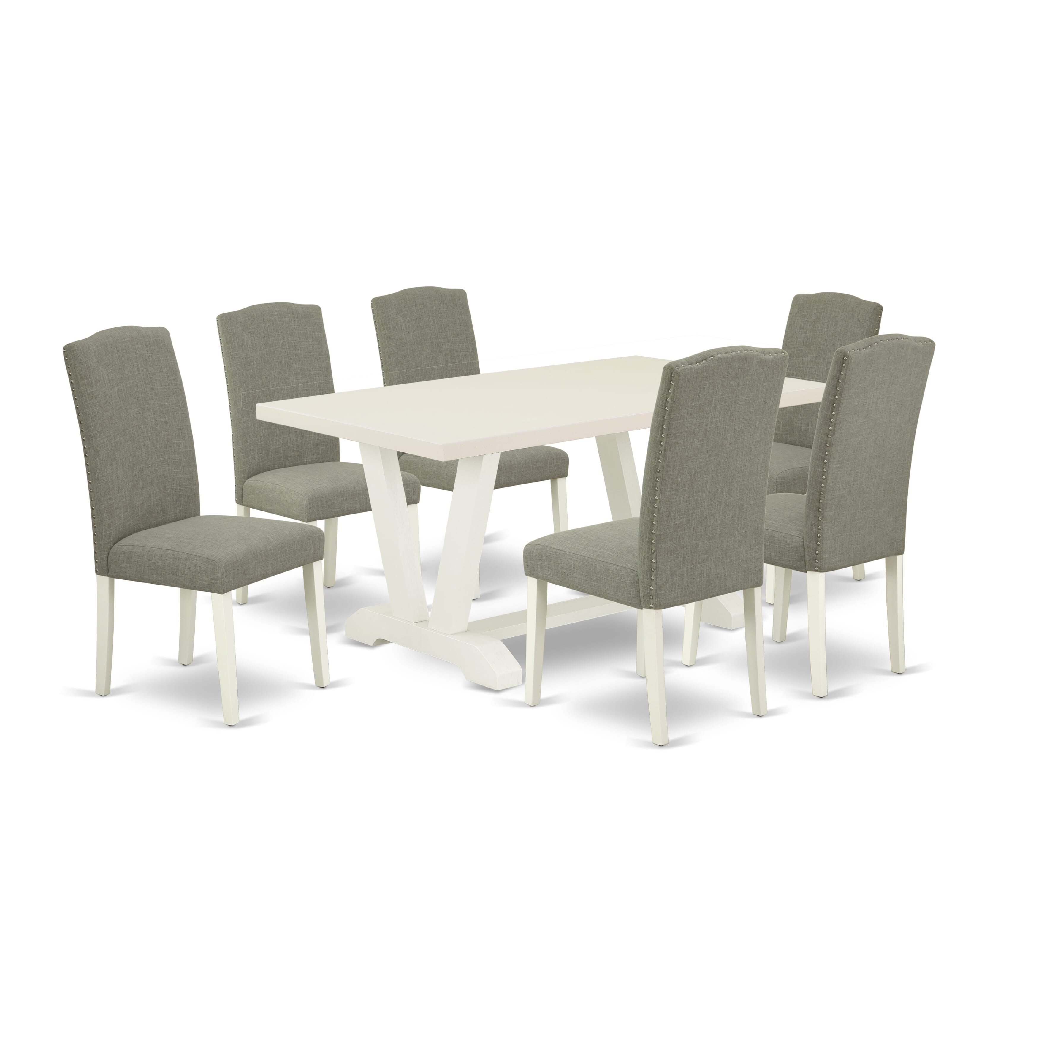 East West Furniture V026EN206-7 7-Pc Dining room Table Set a Fantastic linen white Modern Dining Table top and 6 Beautiful Parson dining room chairs with Nail Heads and linen white Finish