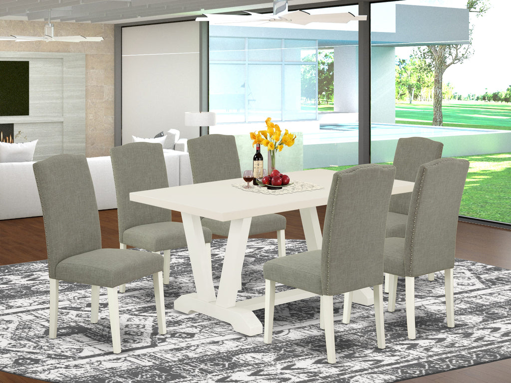 East West Furniture V026EN206-7 7-Pc Dining room Table Set a Fantastic linen white Modern Dining Table top and 6 Beautiful Parson dining room chairs with Nail Heads and linen white Finish