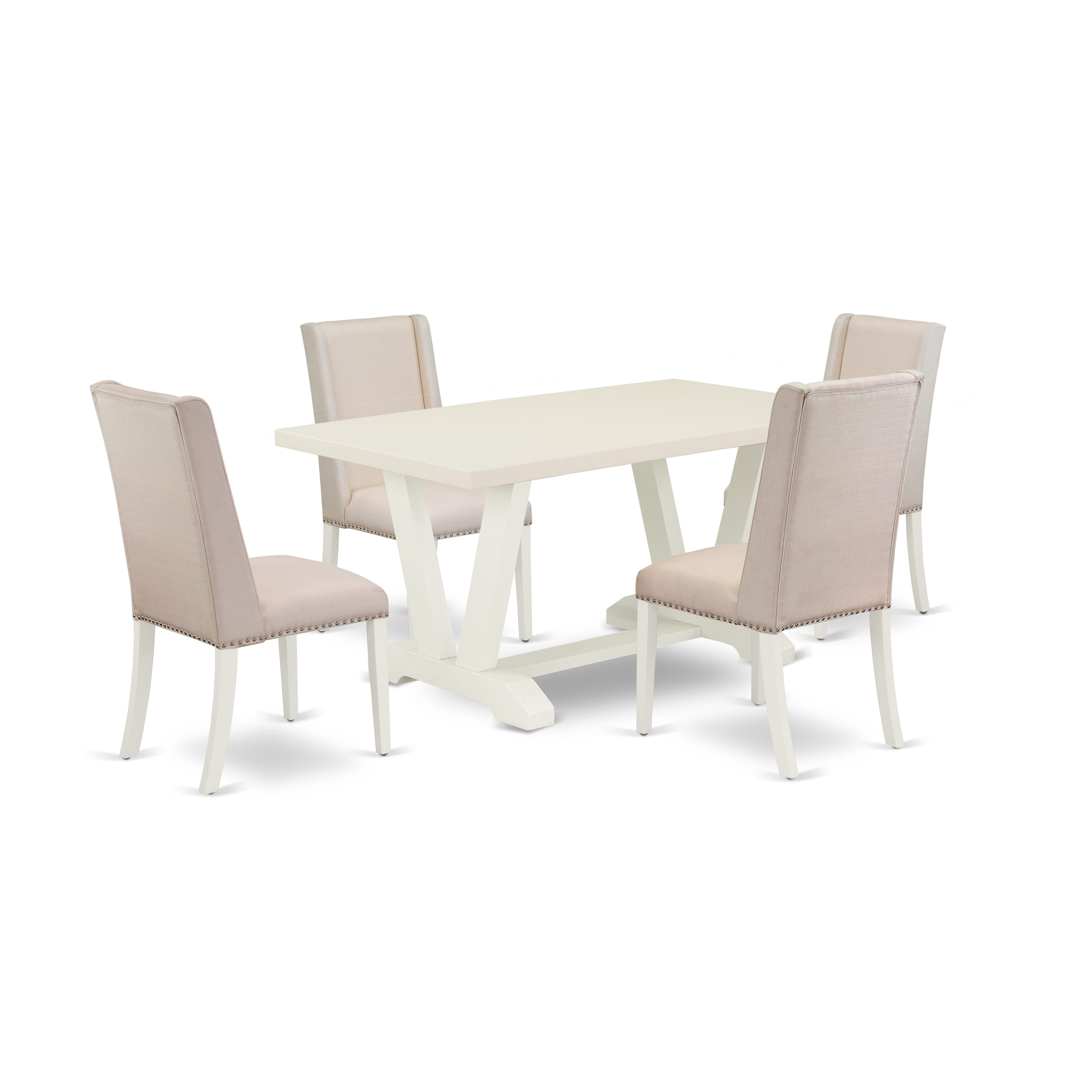 Juego de mesa de comedor moderna de 5 piezas de East West Furniture. Incluye 4 sillas de comedor de cocina con asiento tapizado con clavos, elegante respaldo y mesa rectangular con tablero de lino blanco. Acabado en lino blanco.