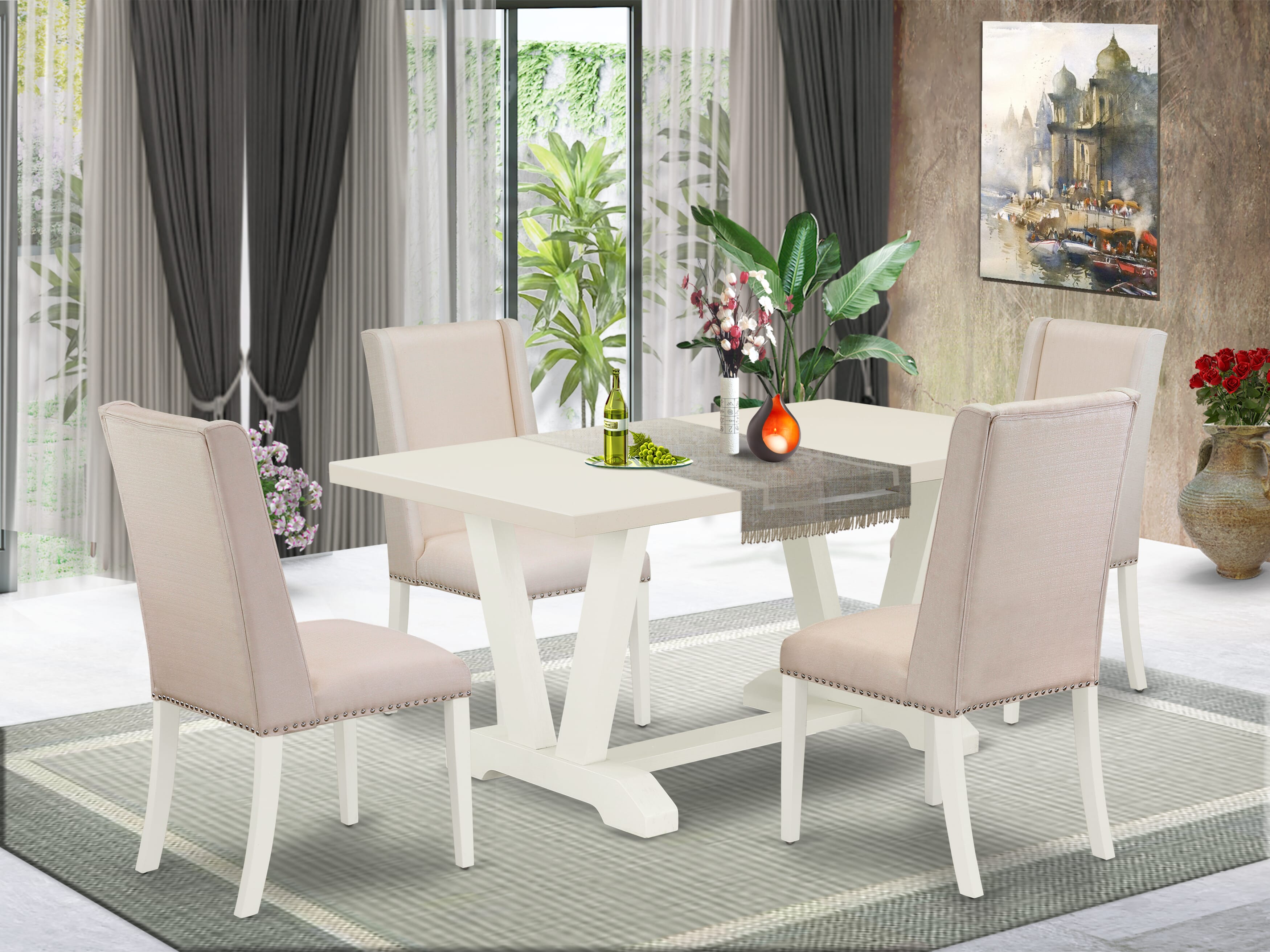 Juego de mesa de comedor moderna de 5 piezas de East West Furniture. Incluye 4 sillas de comedor de cocina con asiento tapizado con clavos, elegante respaldo y mesa rectangular con tablero de lino blanco. Acabado en lino blanco.