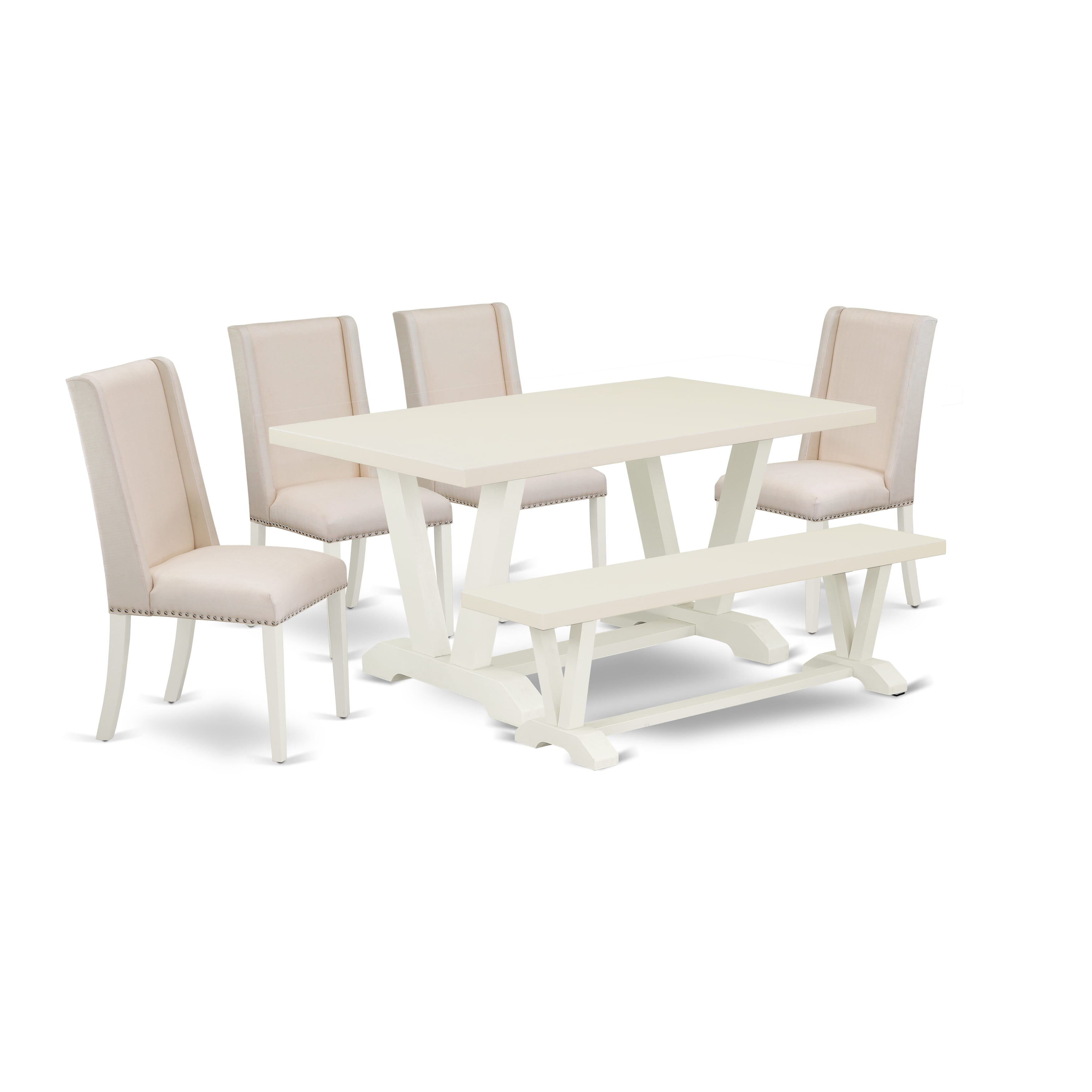 Juego de comedor de 6 piezas East West Furniture con asiento de tela de lino color crema y respaldo alto y elegante, sillas de cocina