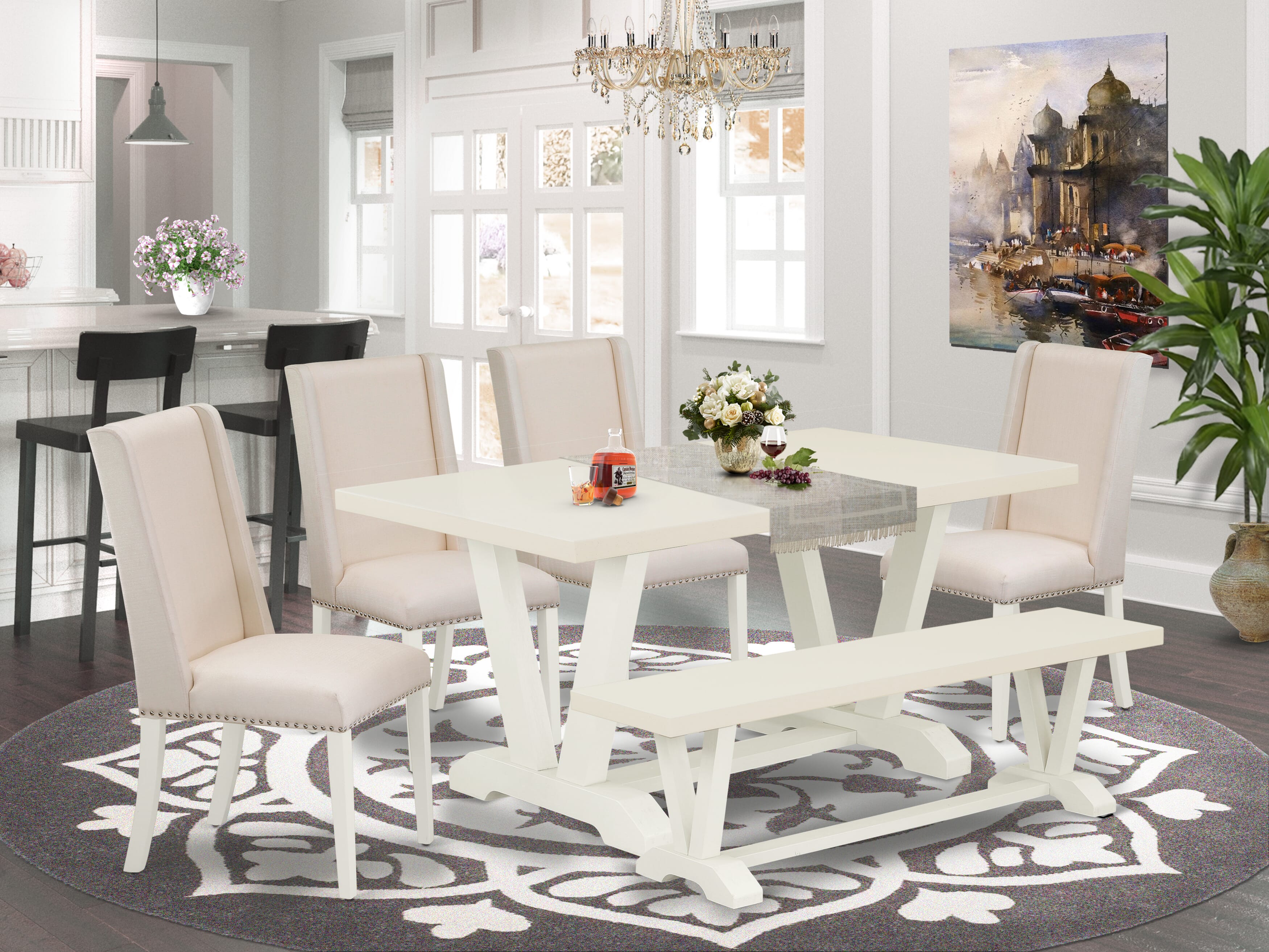 Juego de comedor de 6 piezas East West Furniture con asiento de tela de lino color crema y respaldo alto y elegante, sillas de cocina