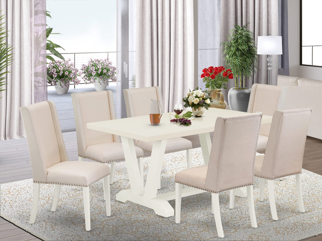East West Furniture V026FL201-7 7-Pc a fantastic linen white rectangular table top and 6 Beautiful Dining chairs with Nail heads and high Stylish Chair Back, linen white Finish