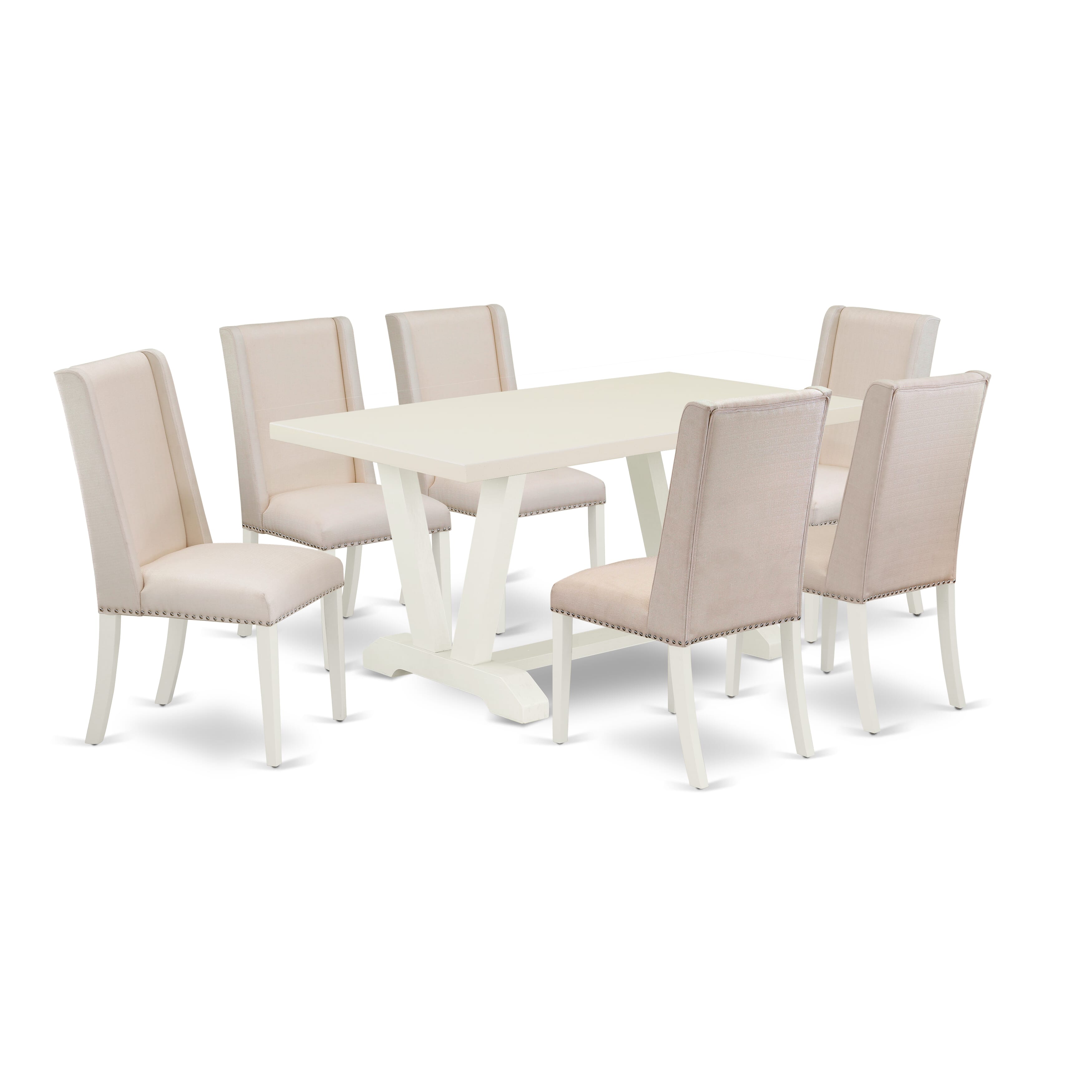 East West Furniture V026FL201-7 7-Pc a fantastic linen white rectangular table top and 6 Beautiful Dining chairs with Nail heads and high Stylish Chair Back, linen white Finish