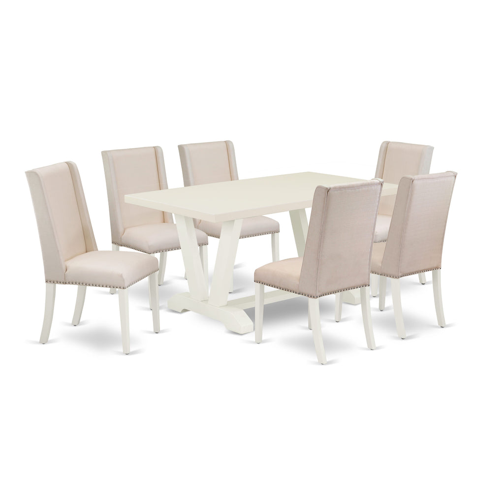 East West Furniture V026FL201-7 7-Pc a fantastic linen white rectangular table top and 6 Beautiful Dining chairs with Nail heads and high Stylish Chair Back, linen white Finish