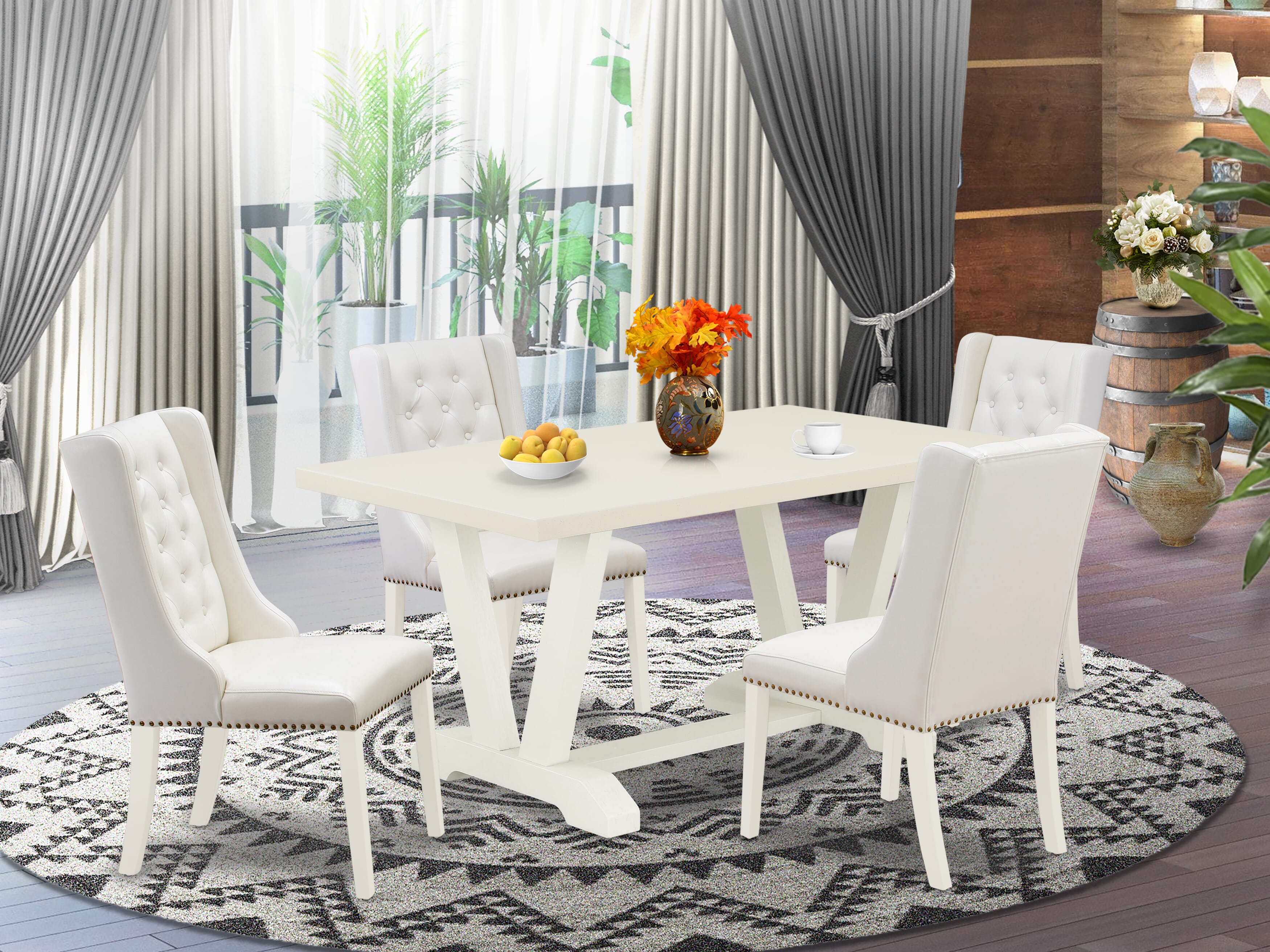 East West Furniture V026FO244-5 5-Piece Dining Table Set Consists of 4 Linen white Pu faux Leather Kitchen Chair Button Tufted with Nailheads and Modern Dining Table - linen white Finish
