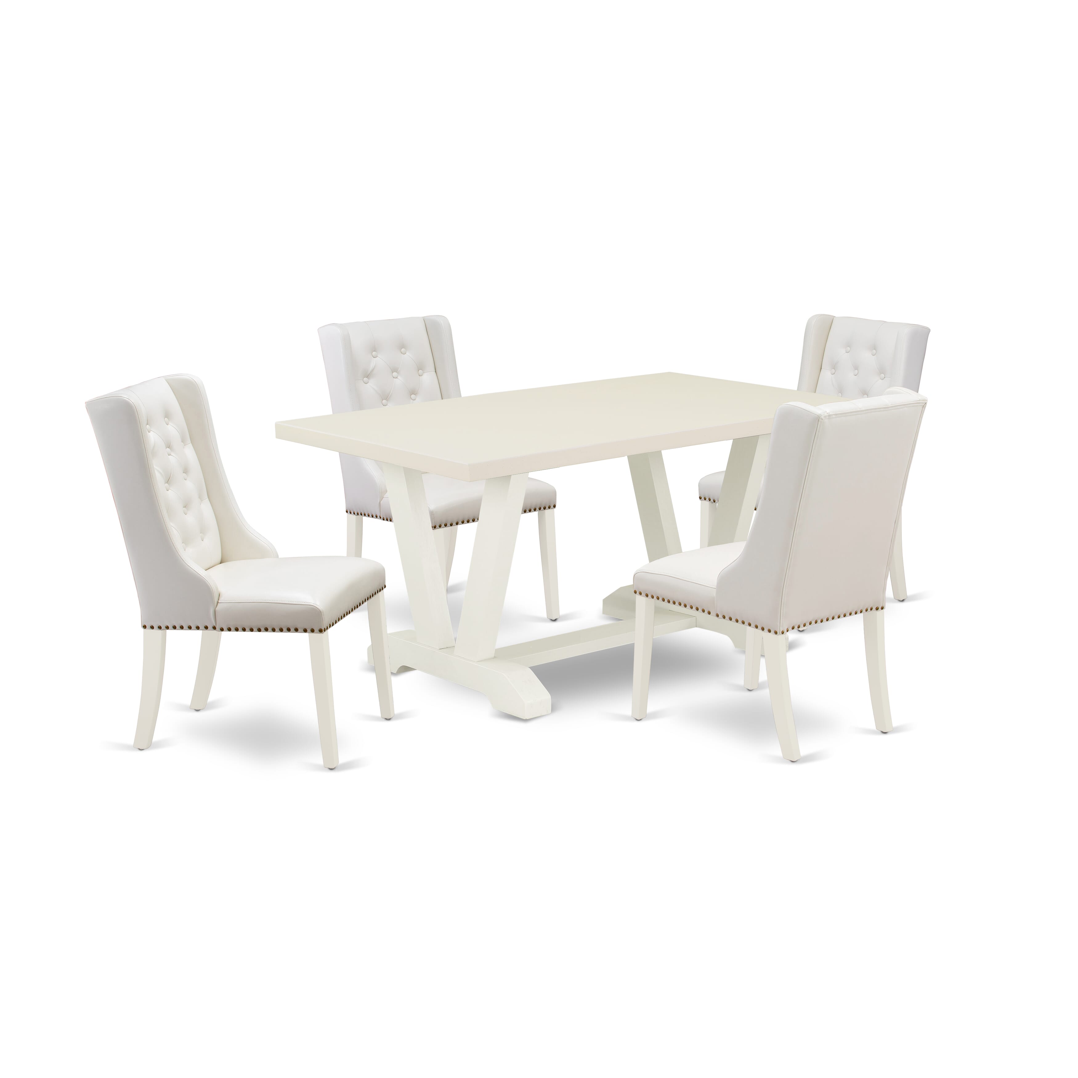 East West Furniture V026FO244-5 5-Piece Dining Table Set Consists of 4 Linen white Pu faux Leather Kitchen Chair Button Tufted with Nailheads and Modern Dining Table - linen white Finish