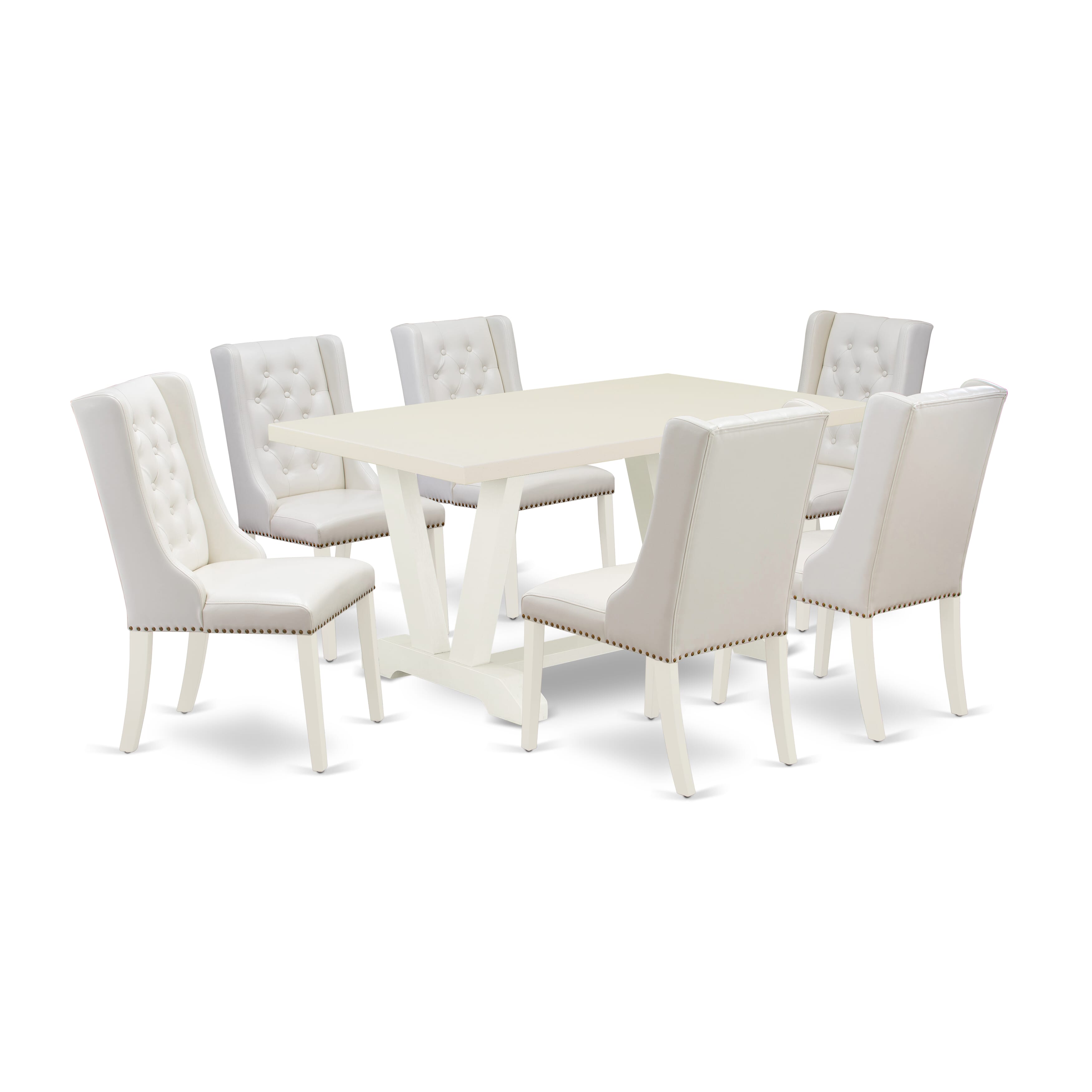 East West Furniture V026FO244-7 7-Pc Dining Table Set Contains 6 Linen white Pu faux Leather Dining Room Chair Button Tufted with Nailheads and Dining Room Table - linen white Finish