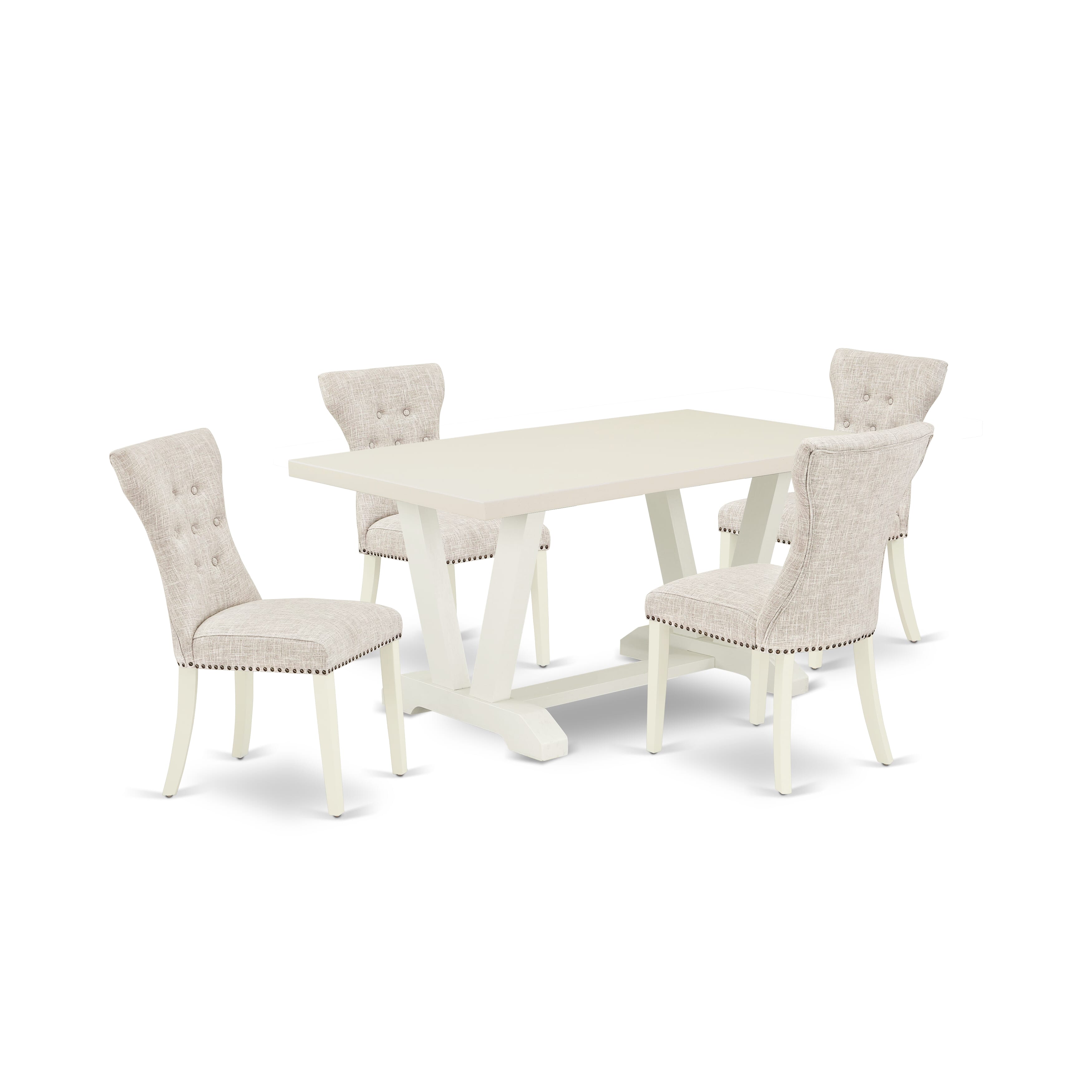East West Furniture V026GA235-5 5-PcIncluded 4 kitchen chairs Upholstered Nails Head Seat and High Button Tufted Chair Back and Rectangular Dining Table with linen white Kitchen Dining Table top (linen white Finish)