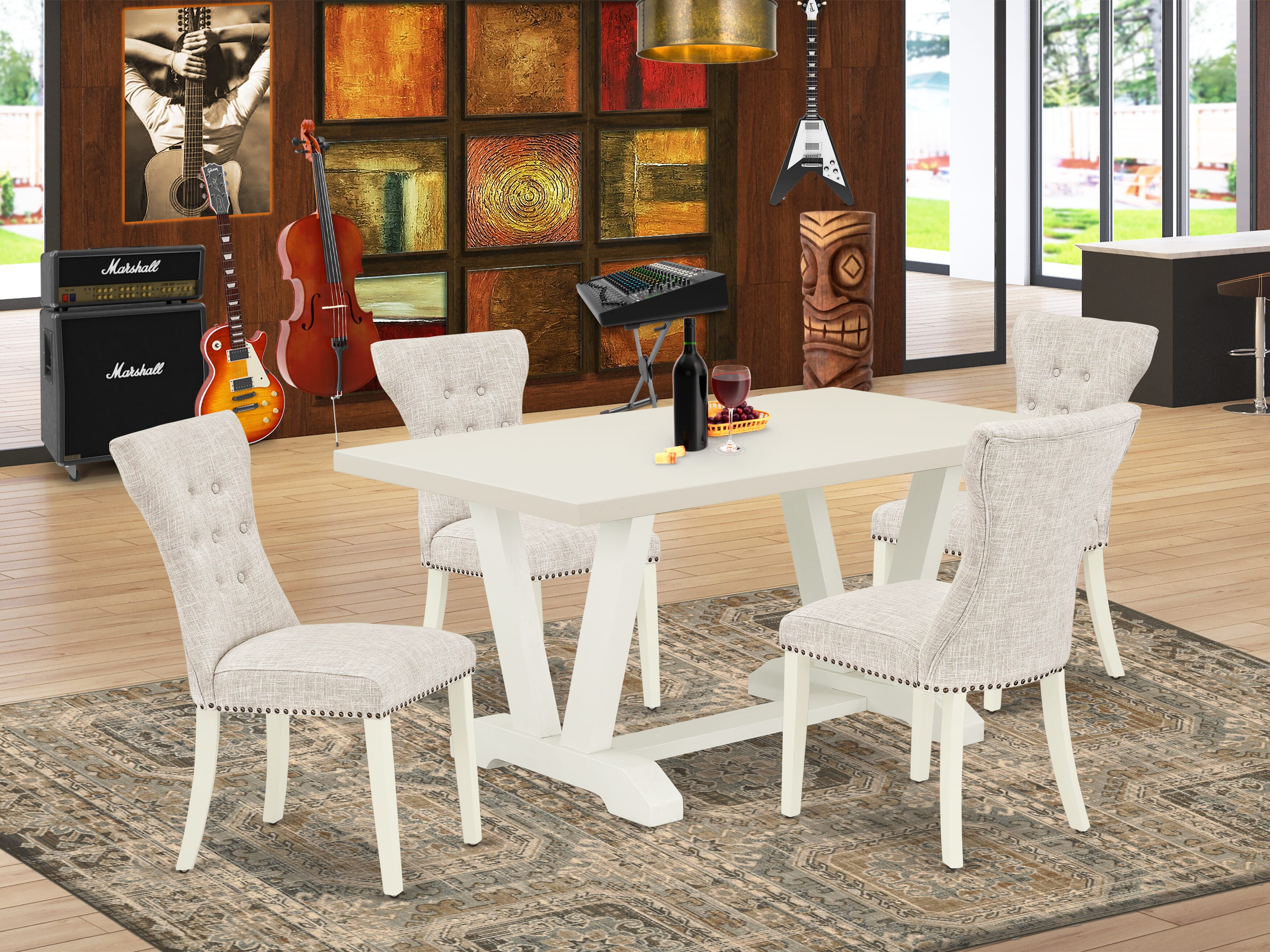 East West Furniture V026GA235-5 5-PcIncluded 4 kitchen chairs Upholstered Nails Head Seat and High Button Tufted Chair Back and Rectangular Dining Table with linen white Kitchen Dining Table top (linen white Finish)