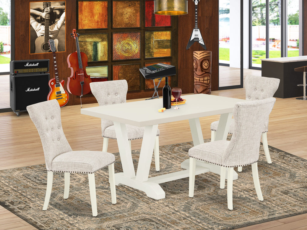 East West Furniture 5-Pc  Included 4 kitchen parson chairs Upholstered Nails Head Seat and High Button Tufted Chair Back and Rectangular Dining Table with Linen White Kitchen Dining Table Top - Linen White Finish