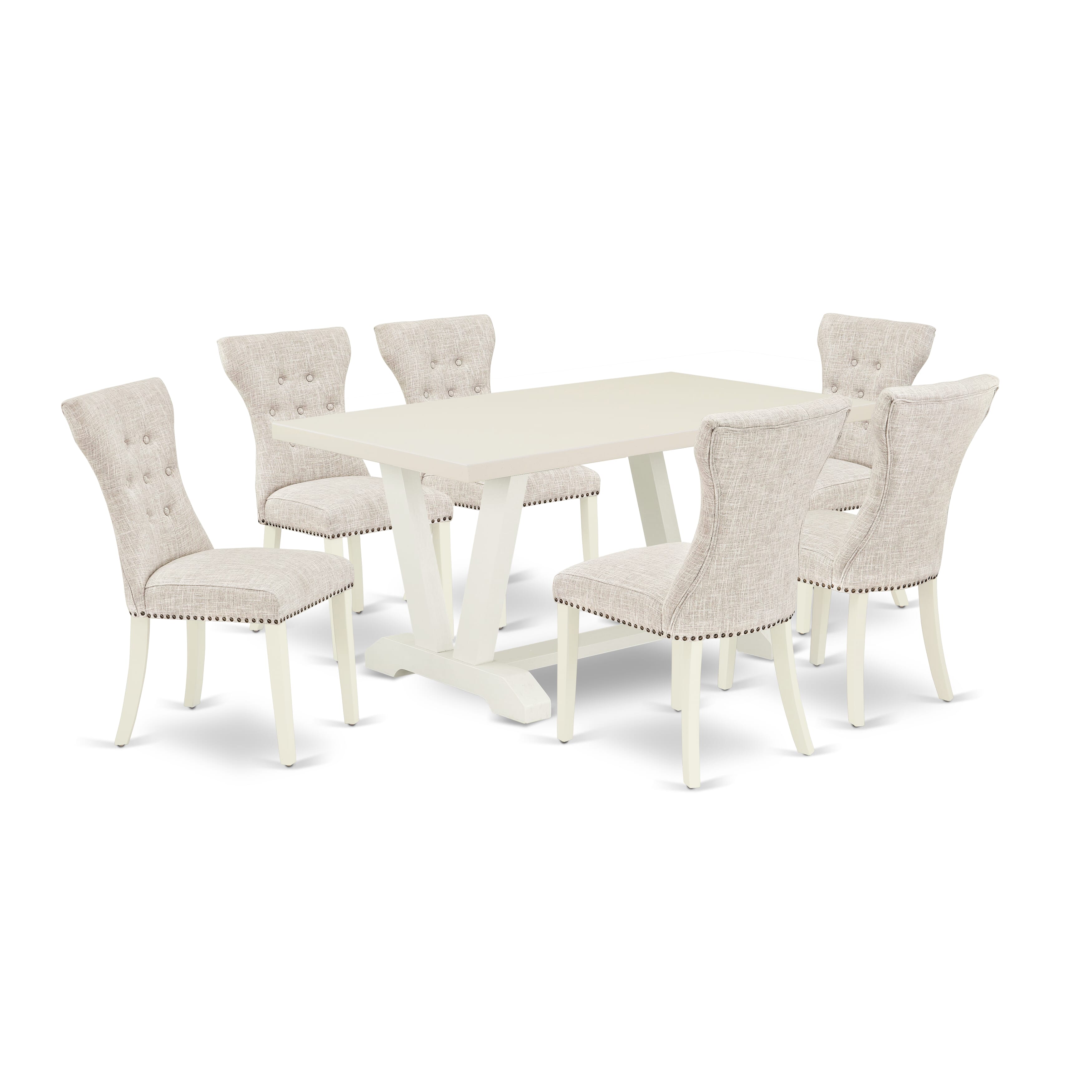 East West Furniture V026GA235-7 7-Pc dining room table set a wonderful linen white small table top and 6 Beautiful Kitchen Parson Chair with Nail heads and Button Tufted, linen white Finish