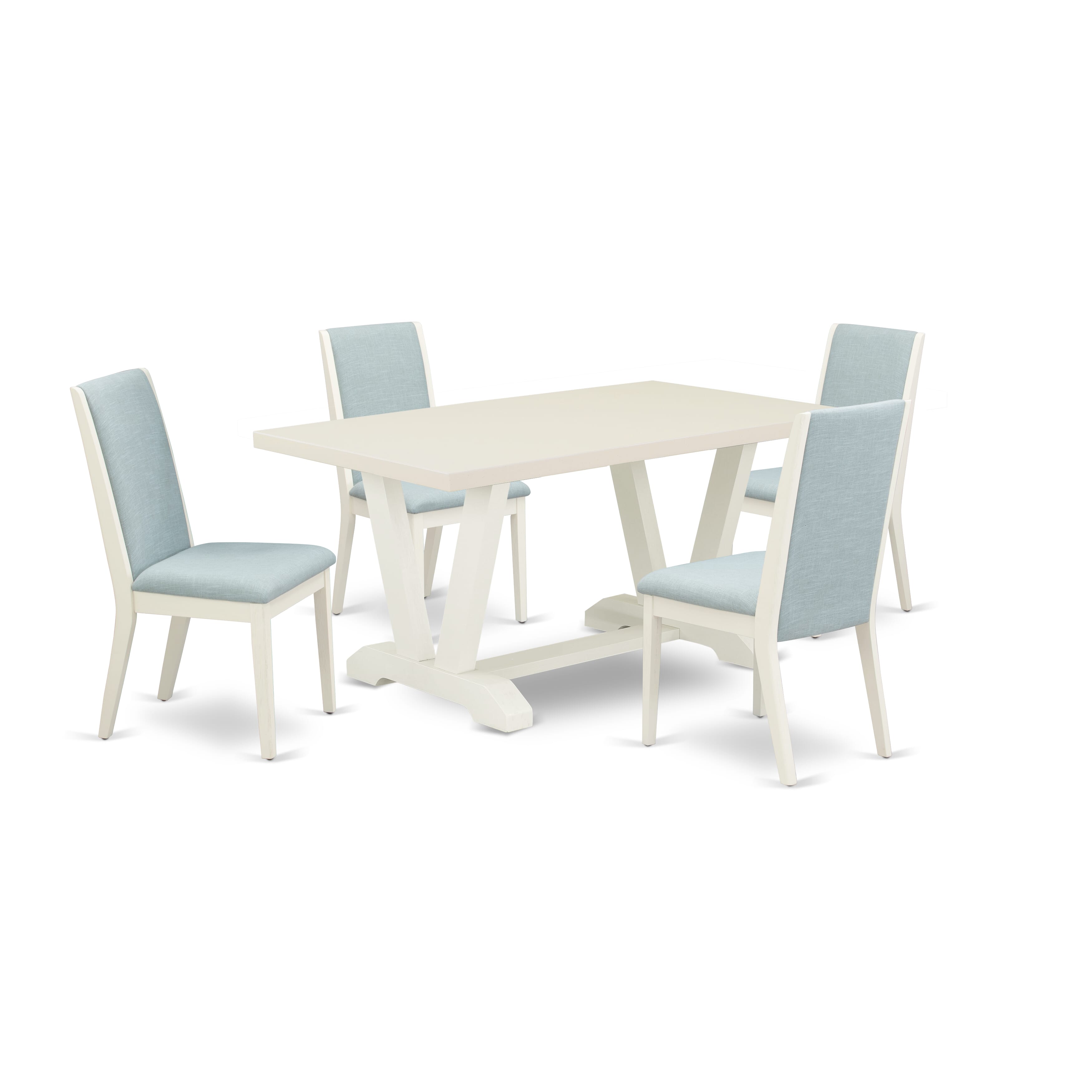 El juego de mesa de cocina de 5 piezas East West Furniture V026LA015-5 incluye una mesa de madera y 4 sillas de comedor Parson con tela de lino color azul bebé.