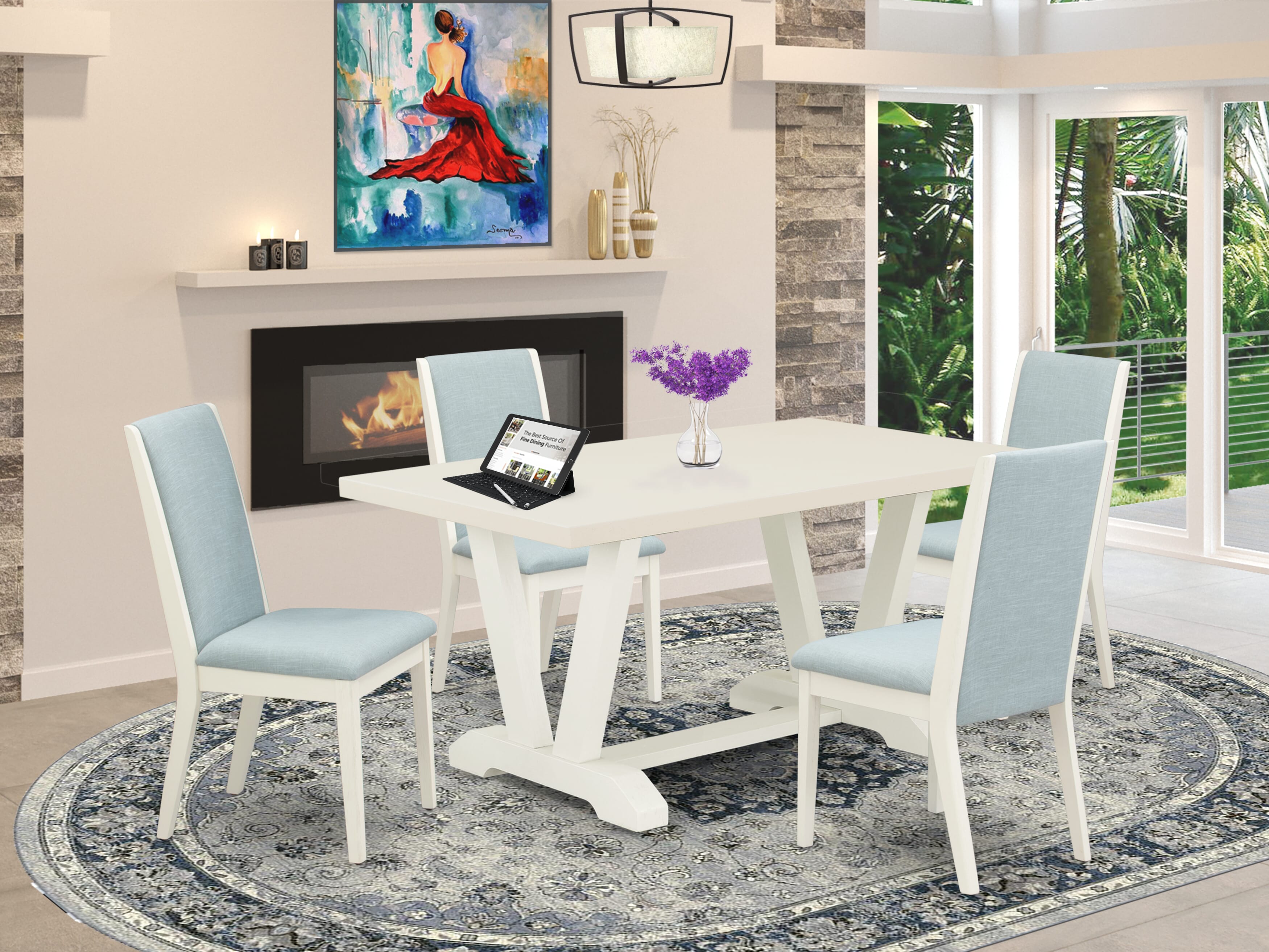 El juego de mesa de cocina de 5 piezas East West Furniture V026LA015-5 incluye una mesa de madera y 4 sillas de comedor Parson con tela de lino color azul bebé.