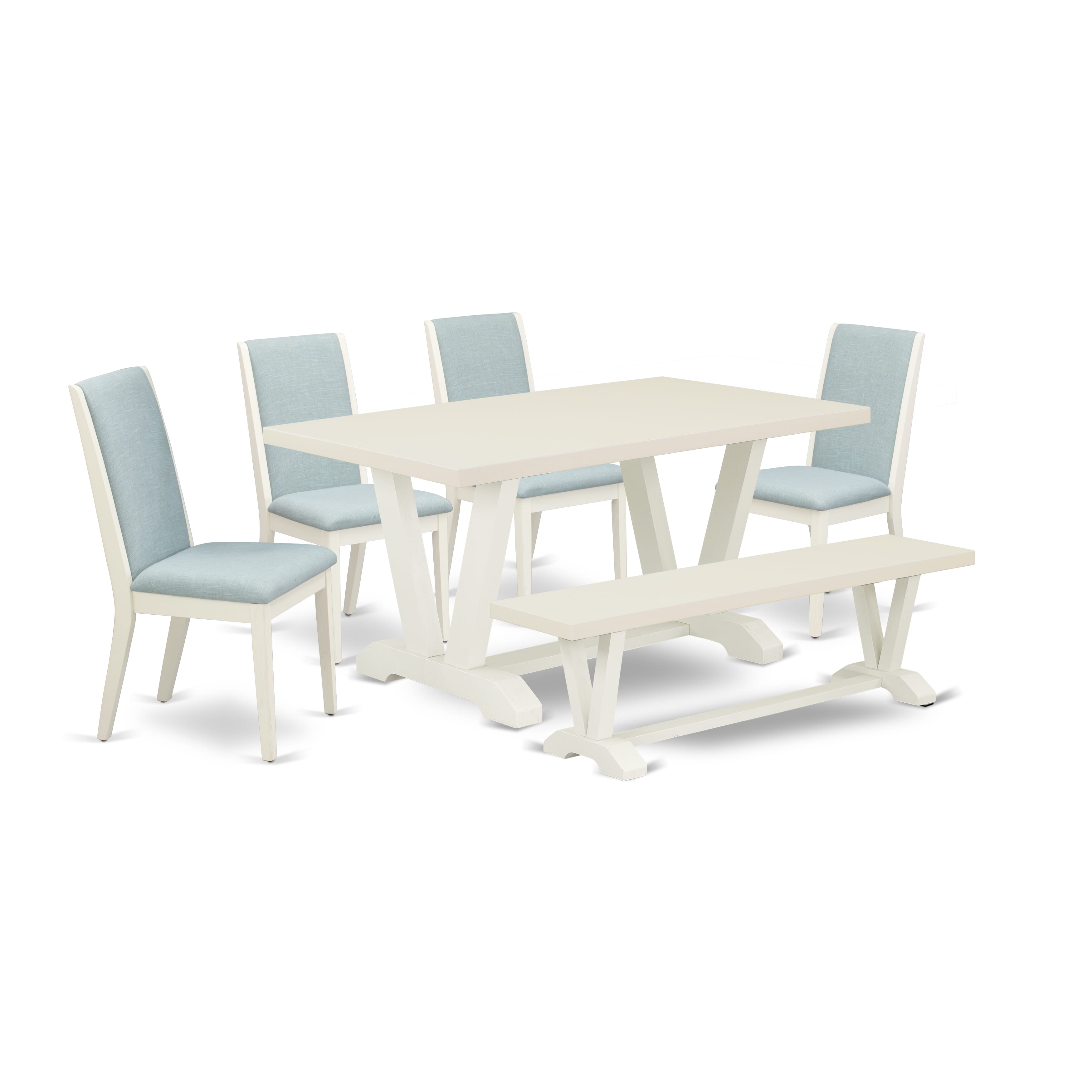 East West Furniture V026LA015-6 6Pc Kitchen Set Includes a Wood Dining Table, 4 Parson Chairs with Baby Blue Color Linen Fabric and a Bench, Medium Size Table with Full Back Chairs, Wirebrushed Linen White Finish
