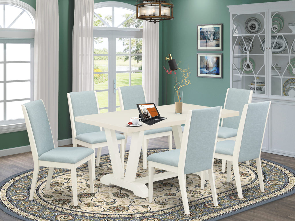 East West Furniture V026LA015-7 7Pc Wood Dining Table Set Contains a Wood Table and 6 Parsons Dining Room Chairs with Baby Blue Color Linen Fabric