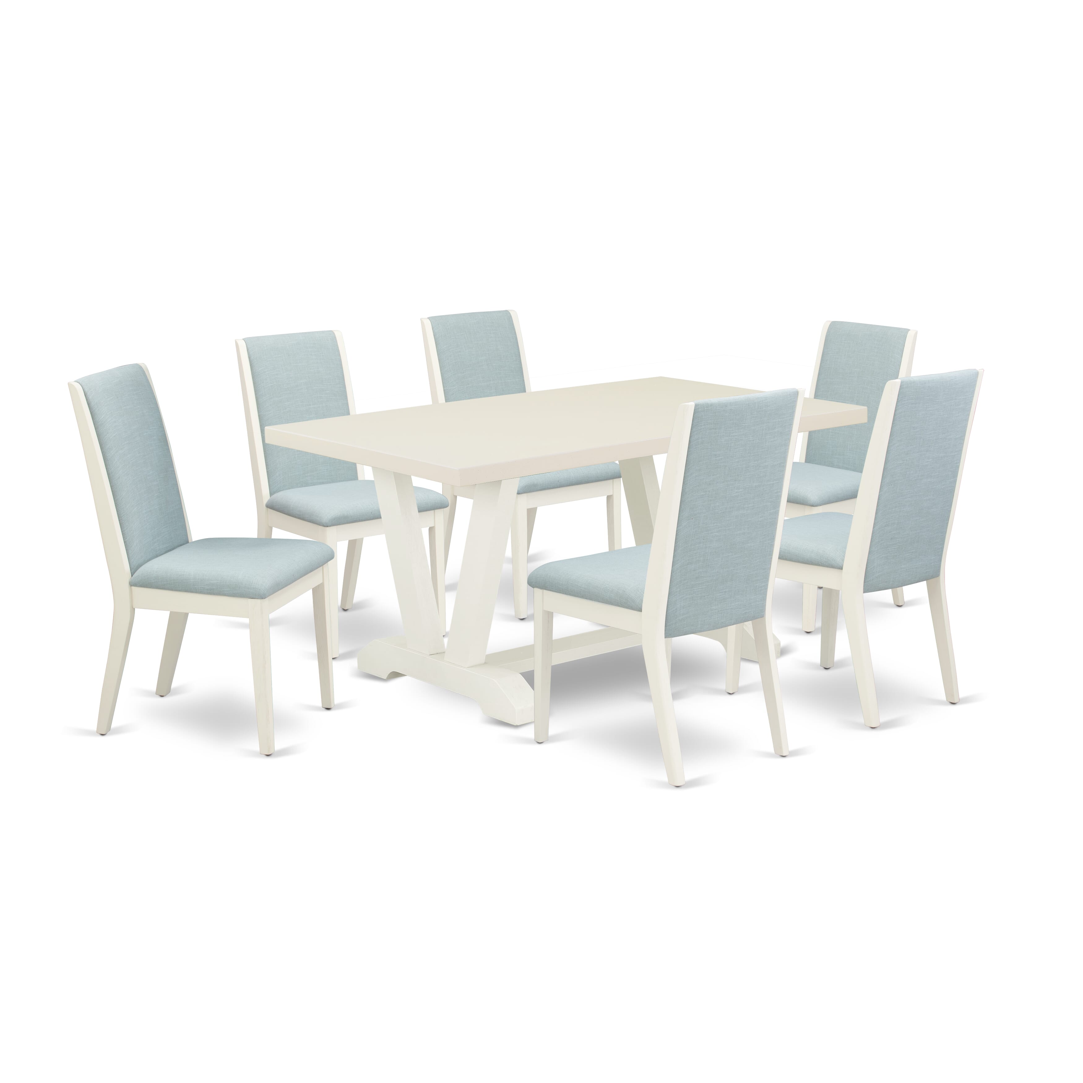 East West Furniture V026LA015-7 7Pc Wood Dining Table Set Contains a Wood Table and 6 Parsons Dining Room Chairs with Baby Blue Color Linen Fabric, Medium Size Table with Full Back Chairs, Wirebrushed Linen White Finish