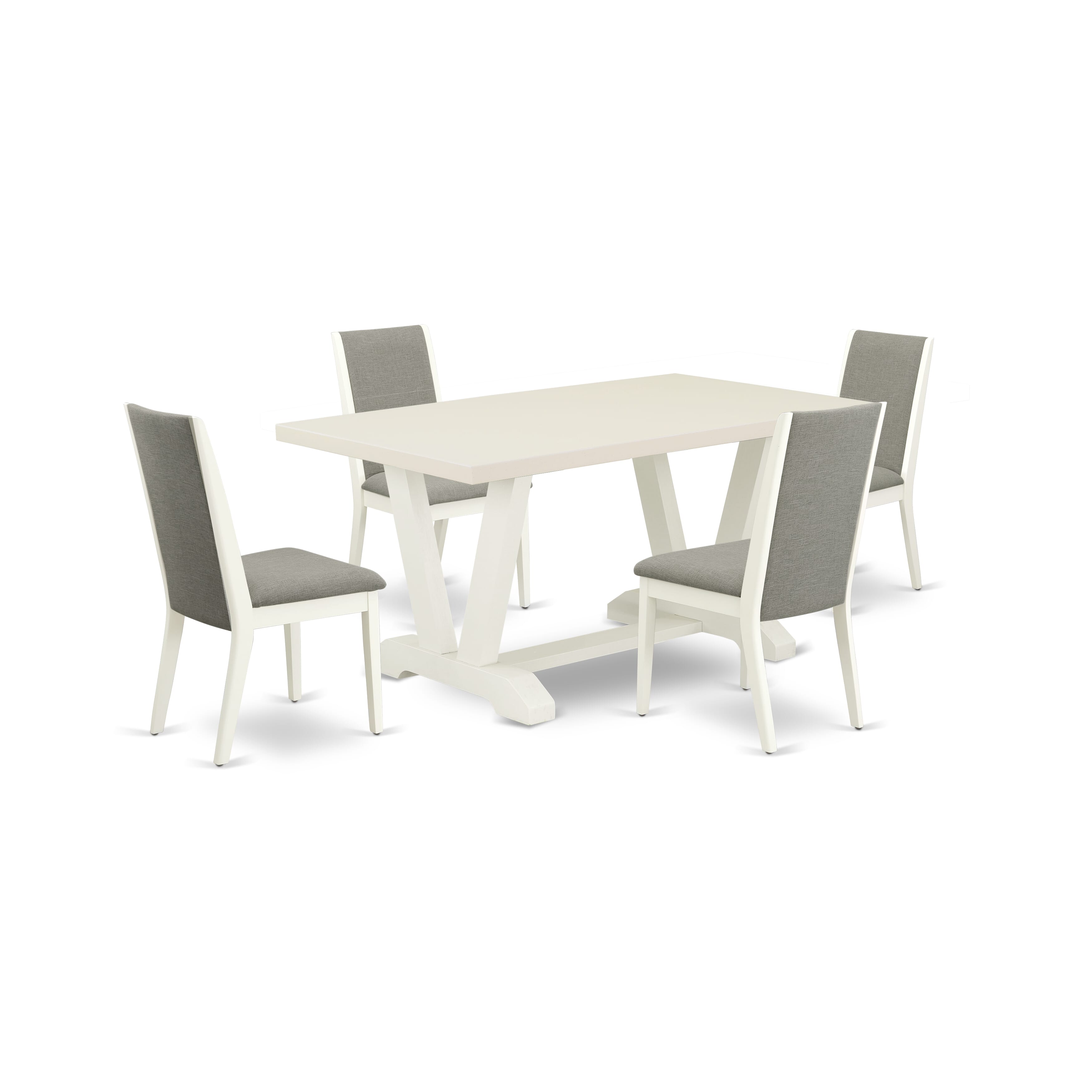 Juego de comedor moderno de 5 piezas East West Furniture V026LA206-5 con una magnífica mesa de comedor blanca de lino y 4 hermosas sillas de comedor de tela de lino con un elegante respaldo.