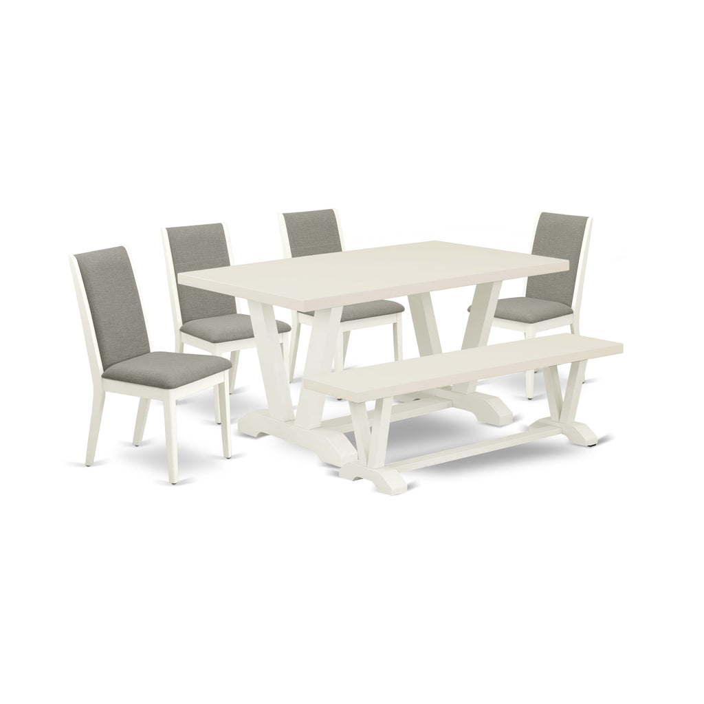East West Furniture V026LA206-6 6-Piece Dining Table Set with Dining Table and Wooden Bench Indoor - 4 Linen Fabric Padded Chairs (linen white Finish)