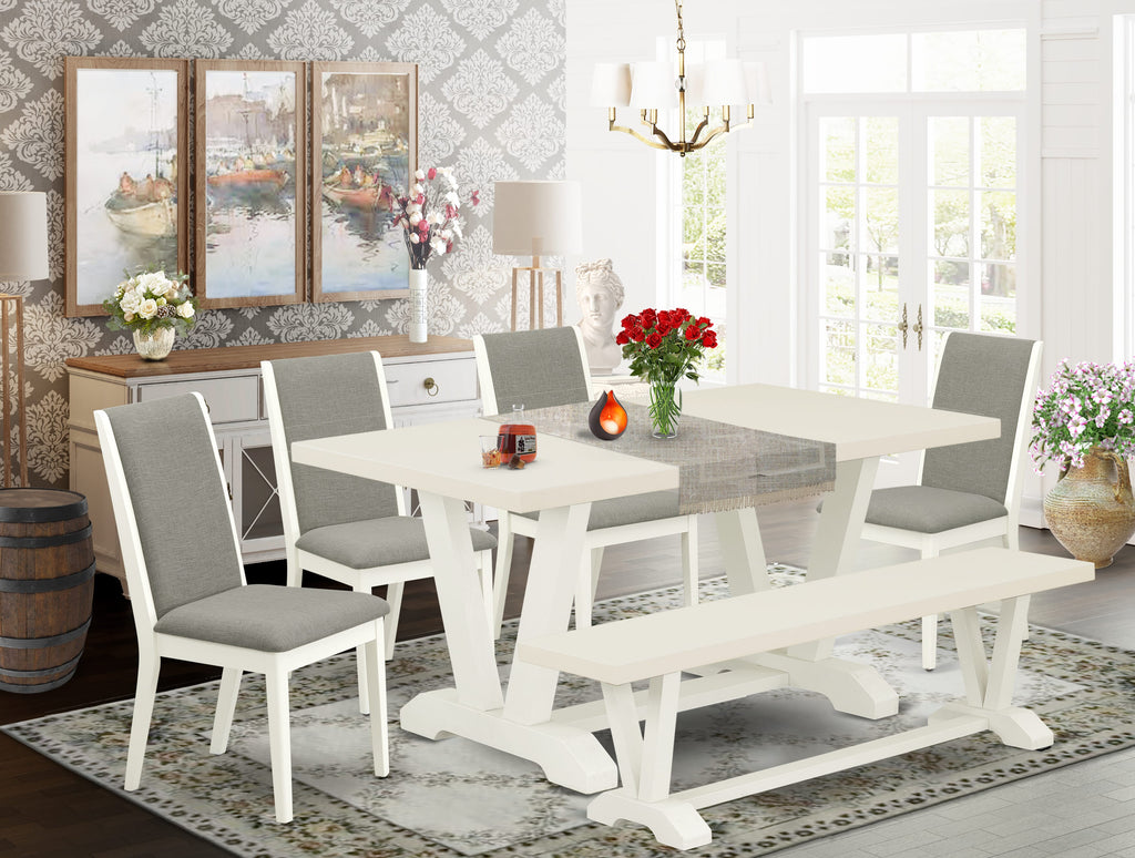 East West Furniture V026LA206-6 6-Piece Dining Table Set with Dining Table and Wooden Bench Indoor - 4 Linen Fabric Padded Chairs (linen white Finish)