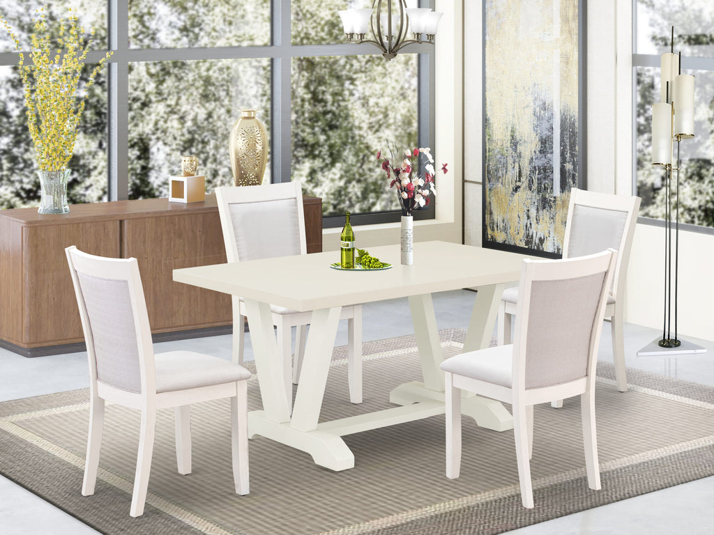 East West Furniture V026MZ001-5 5-Piece Table Set Contains a Rectangular Table and 4 Cream Linen Fabric Parson Dining Chairs with Stylish Back - Wire Brushed linen white Finish