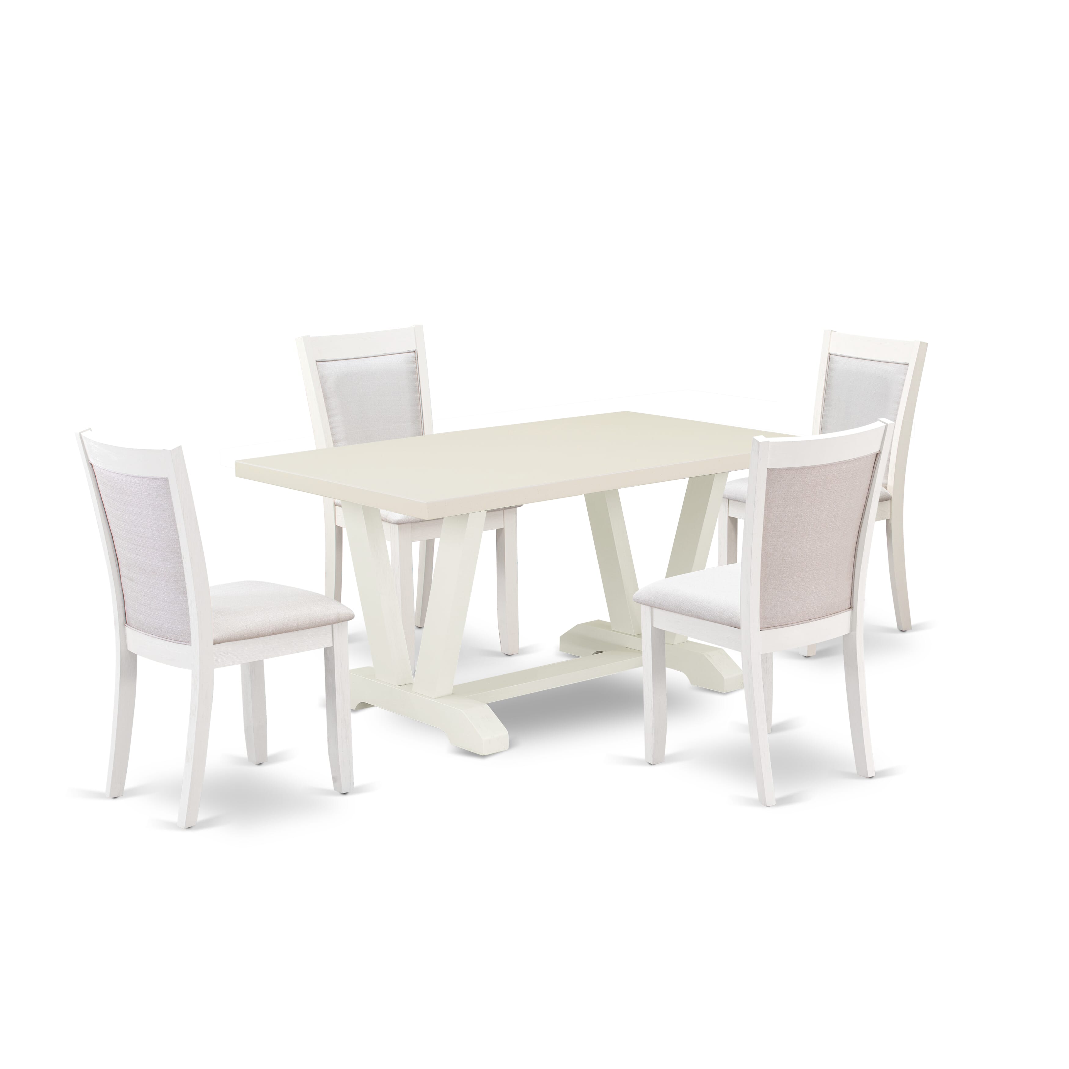 East West Furniture V026MZ001-5 5-Piece Table Set Contains a Rectangular Table and 4 Cream Linen Fabric Parson Dining Chairs with Stylish Back - Wire Brushed linen white Finish