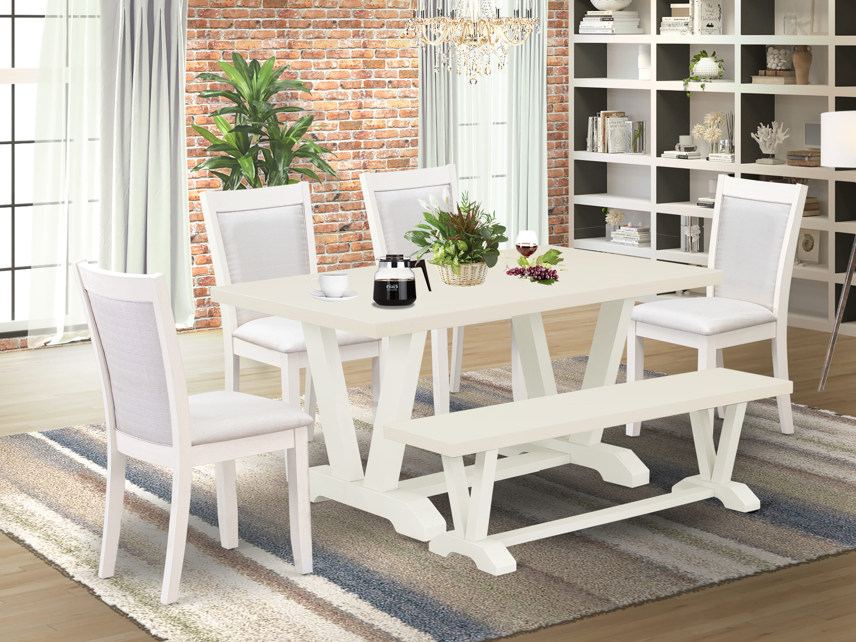 East West Furniture V026MZ001-6 6-Piece Table Set Contains a Dining Room Table - 4 Cream Linen Fabric Dining Chairs with Stylish Back and a Wood Bench - Wire Brushed linen white Finish