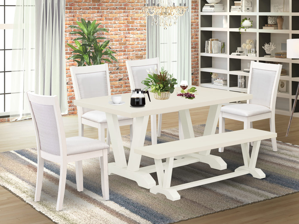 Juego de mesa de comedor de 6 piezas East West Furniture V026MZ001-6. Contiene una mesa rectangular con patas en V y 4 sillas tapizadas en tela de lino color crema con un banco.
