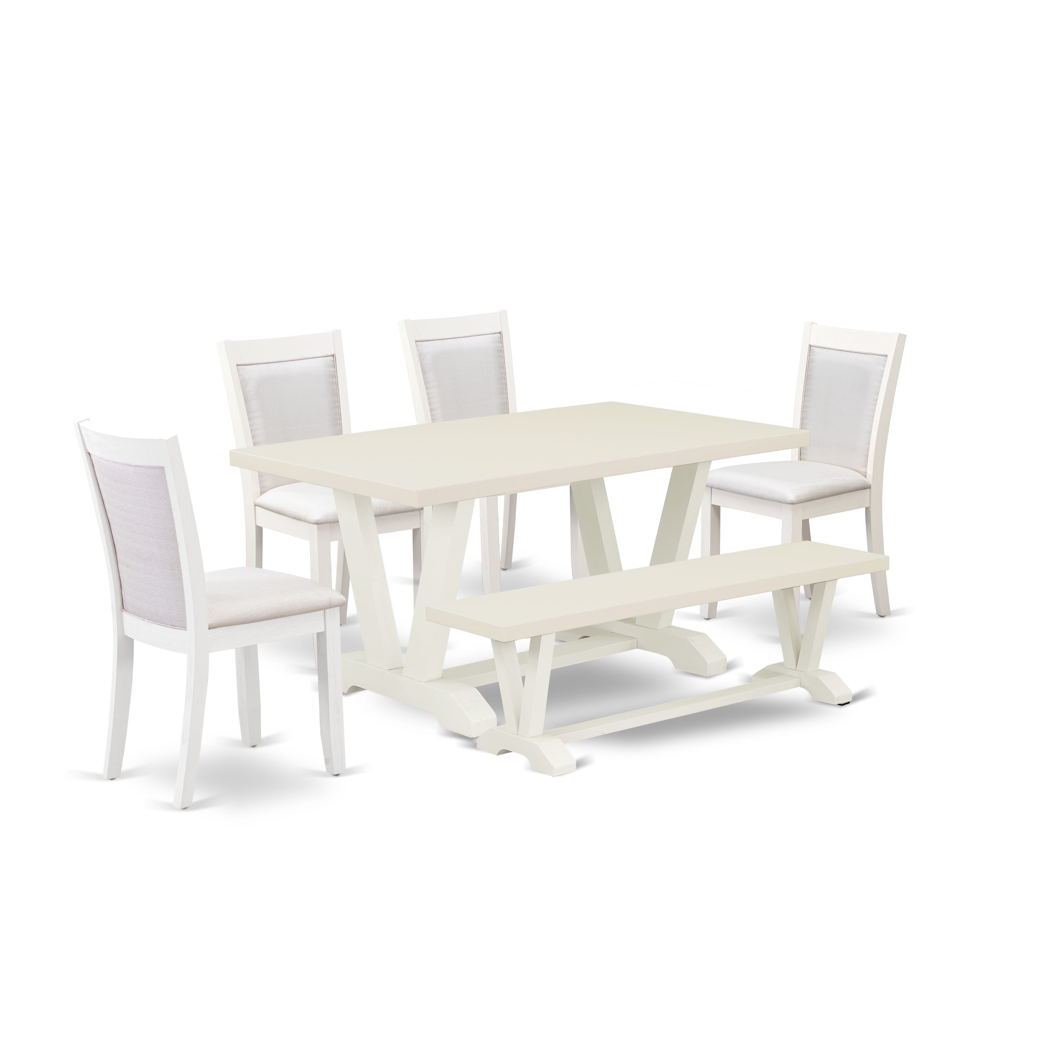 East West Furniture V026MZ001-6 6-Piece Table Set Contains a Dining Room Table - 4 Cream Linen Fabric Dining Chairs with Stylish Back and a Wood Bench - Wire Brushed linen white Finish