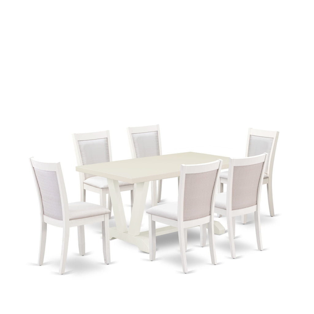 Juego de mesa de comedor moderno East West Furniture V026MZ001-7 de 7 piezas compuesto por una mesa rectangular de madera con patas en V y 6 sillas tapizadas en tela de lino color crema.