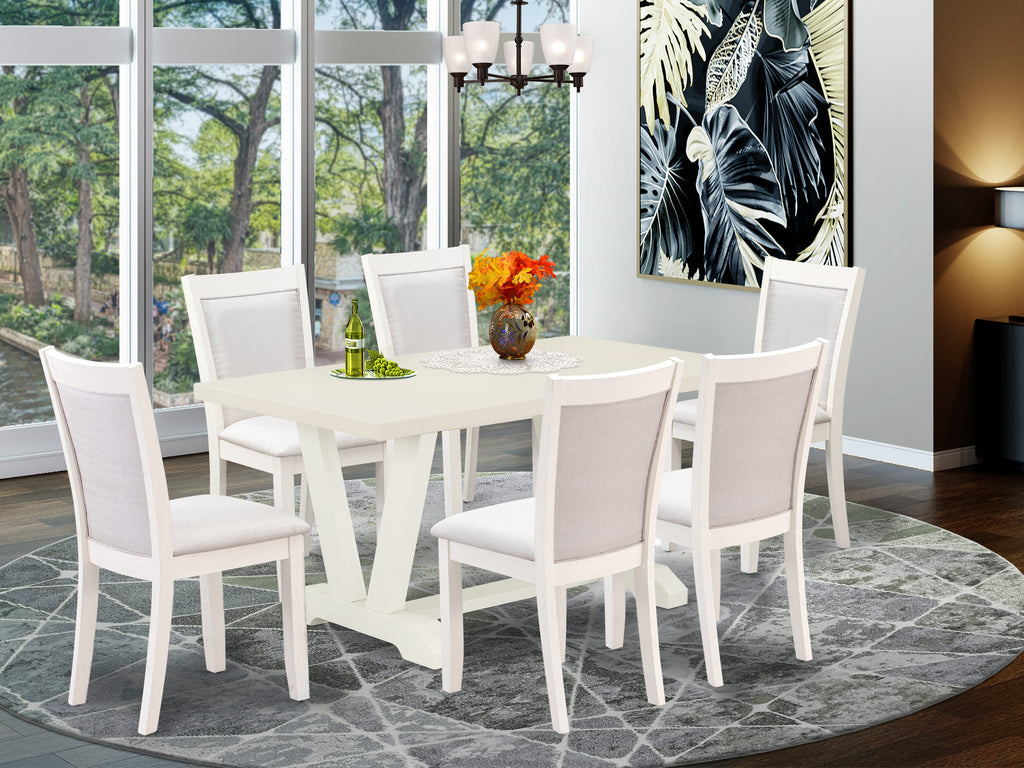 Juego de mesa de comedor moderno East West Furniture V026MZ001-7 de 7 piezas compuesto por una mesa rectangular de madera con patas en V y 6 sillas tapizadas en tela de lino color crema.