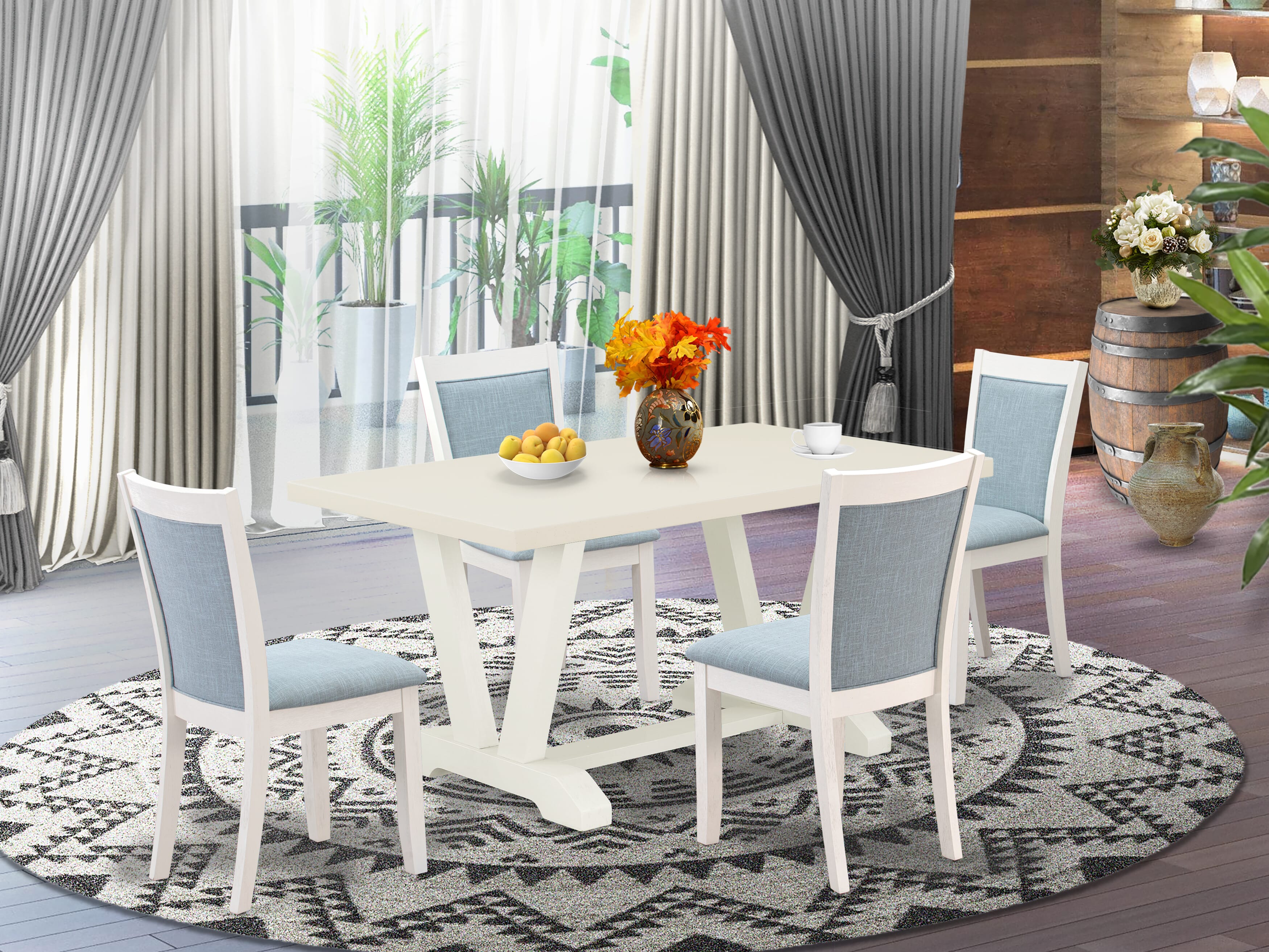 East West Furniture V026MZ015-5 5-Piece Dining Room Set Contains a Dining Table and 4 Baby Blue Linen Fabric Upholstered Chairs with Stylish Back - Wire Brushed linen white Finish