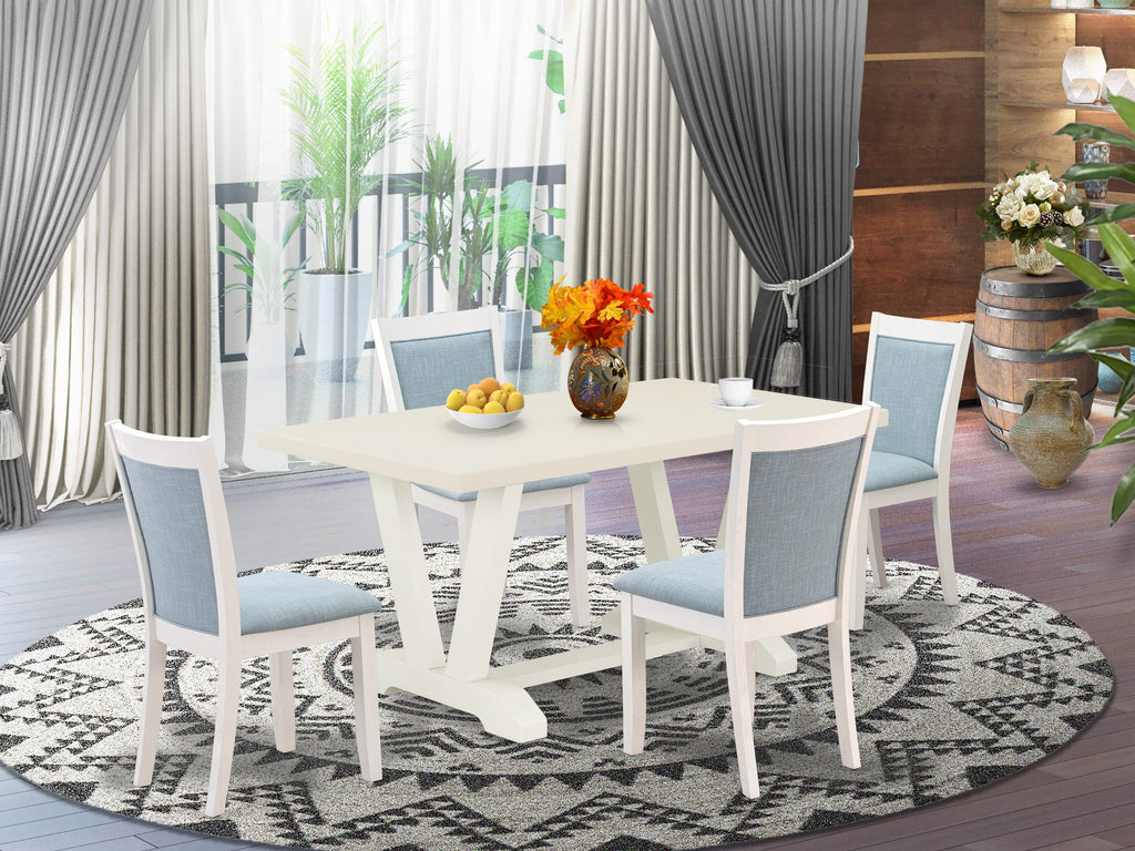 East West Furniture V026MZ015-5 5 Piece Kitchen Table & Chairs Set Includes a Rectangle Dining Room Table with V-Legs and 4 Baby Blue Linen Fabric Parson Chairs