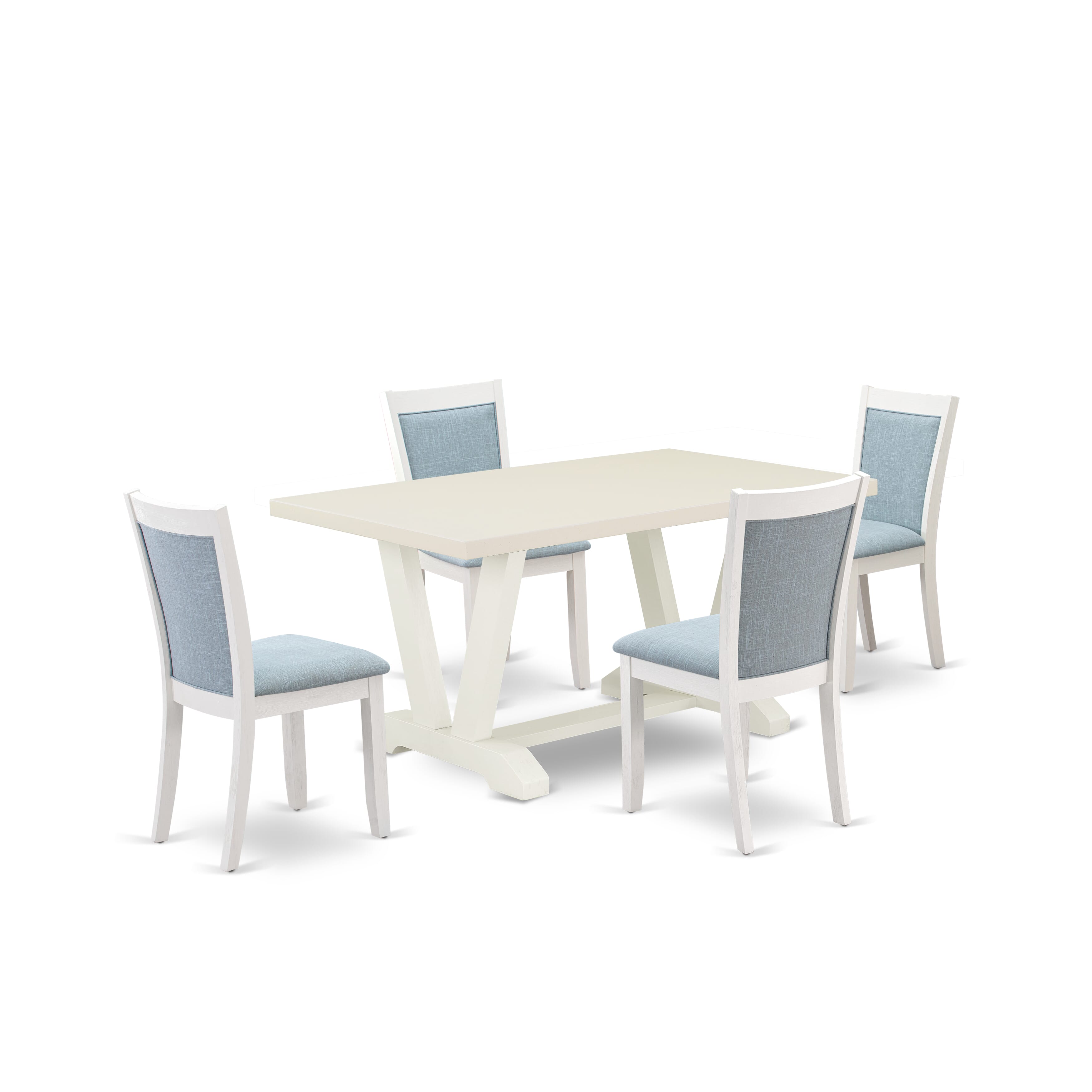 East West Furniture V026MZ015-5 5-Piece Dining Room Set Contains a Dining Table and 4 Baby Blue Linen Fabric Upholstered Chairs with Stylish Back - Wire Brushed linen white Finish
