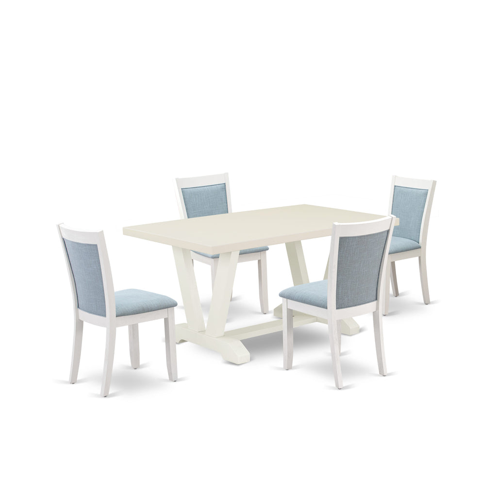 East West Furniture V026MZ015-5 5 Piece Kitchen Table & Chairs Set Includes a Rectangle Dining Room Table with V-Legs and 4 Baby Blue Linen Fabric Parson Chairs