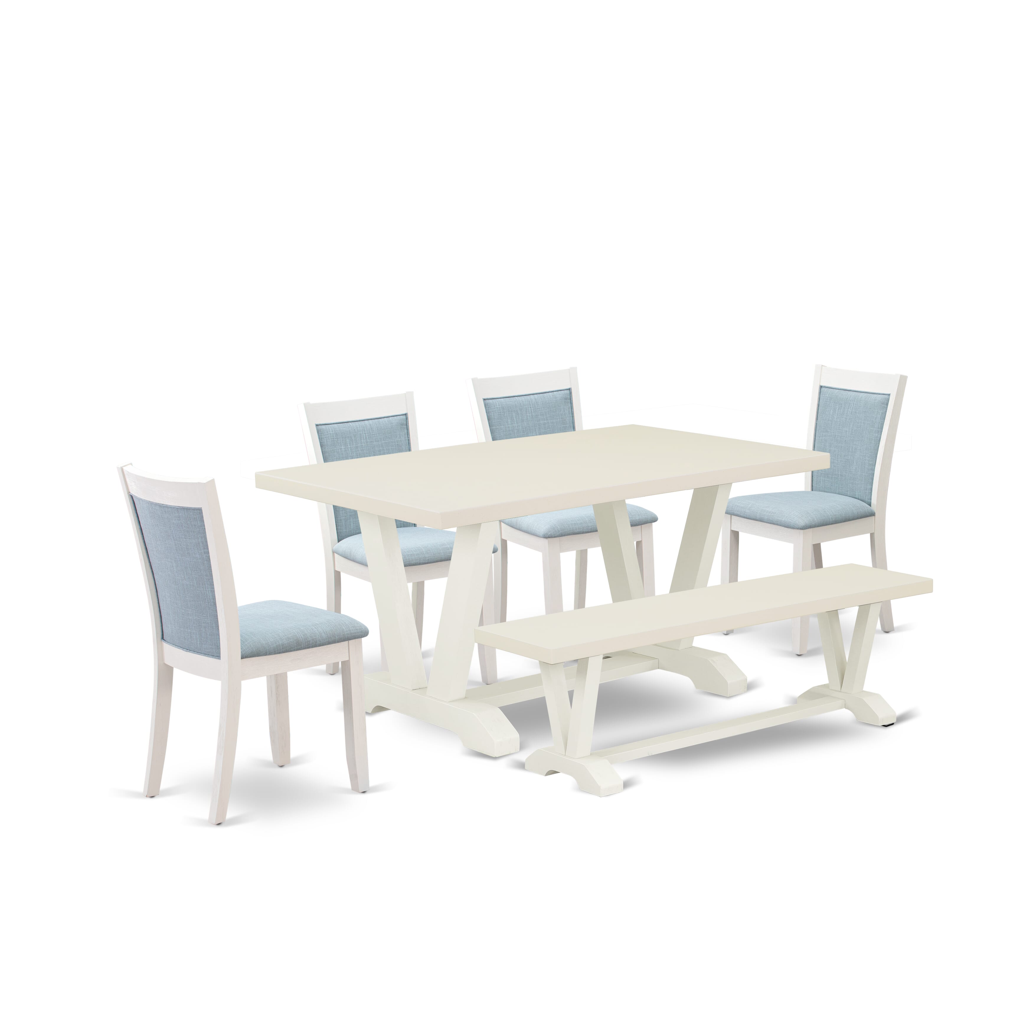 East West Furniture V026MZ015-6 6-Piece Dining Room Set Contains a Wood Table - 4 Baby Blue Linen Fabric Parson Chairs with Stylish Back and a Small Bench - Wire Brushed linen white Finish