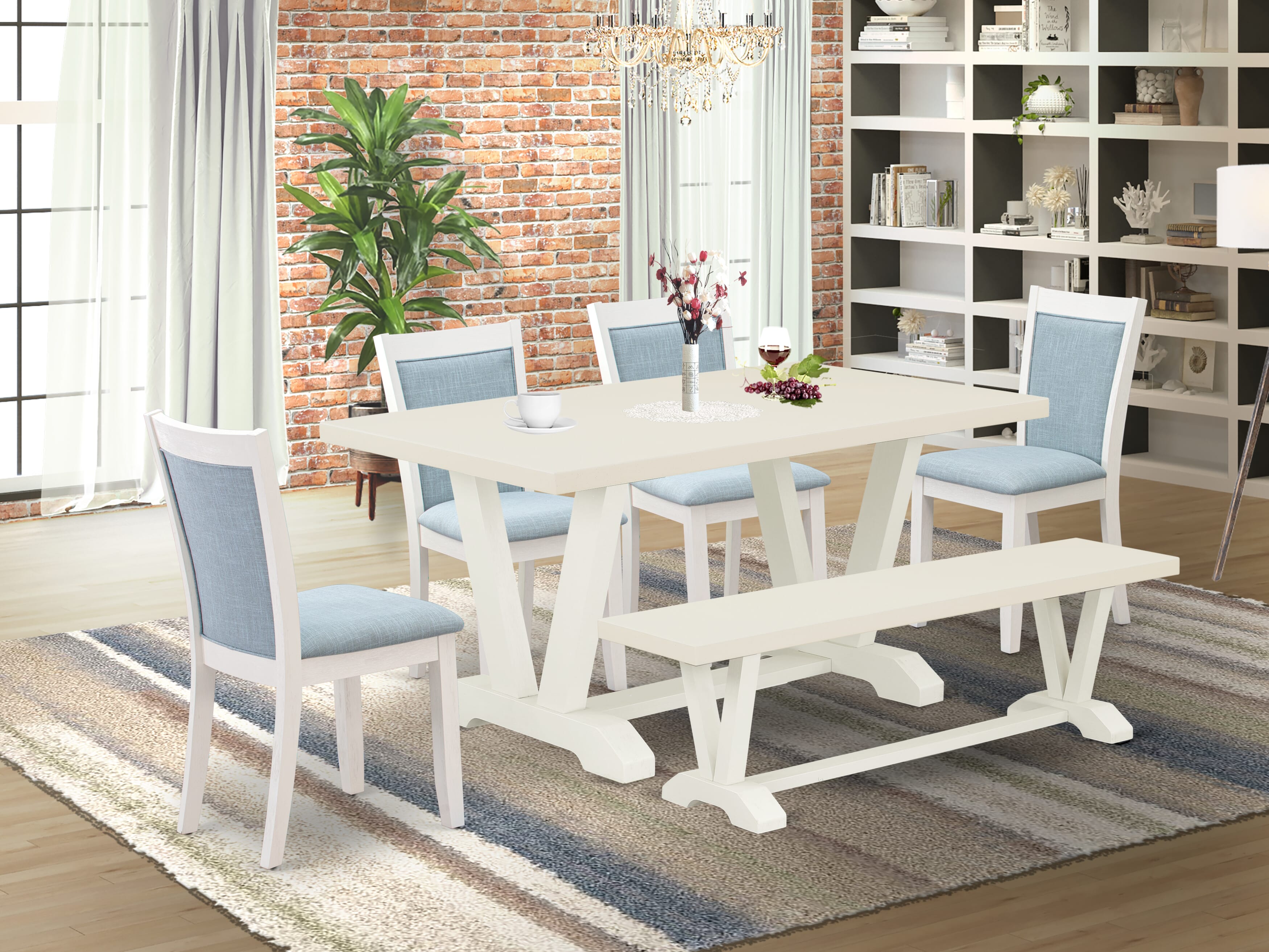 East West Furniture V026MZ015-6 6-Piece Dining Room Set Contains a Wood Table - 4 Baby Blue Linen Fabric Parson Chairs with Stylish Back and a Small Bench - Wire Brushed linen white Finish