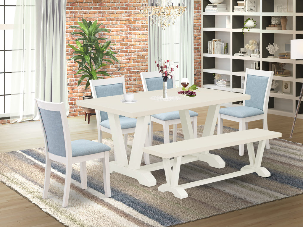 East West Furniture V026MZ015-6 6-Piece Dining Room Set Contains a Wood Table - 4 Baby Blue Linen Fabric Parson Chairs with Stylish Back and a Small Bench - Wire Brushed linen white Finish