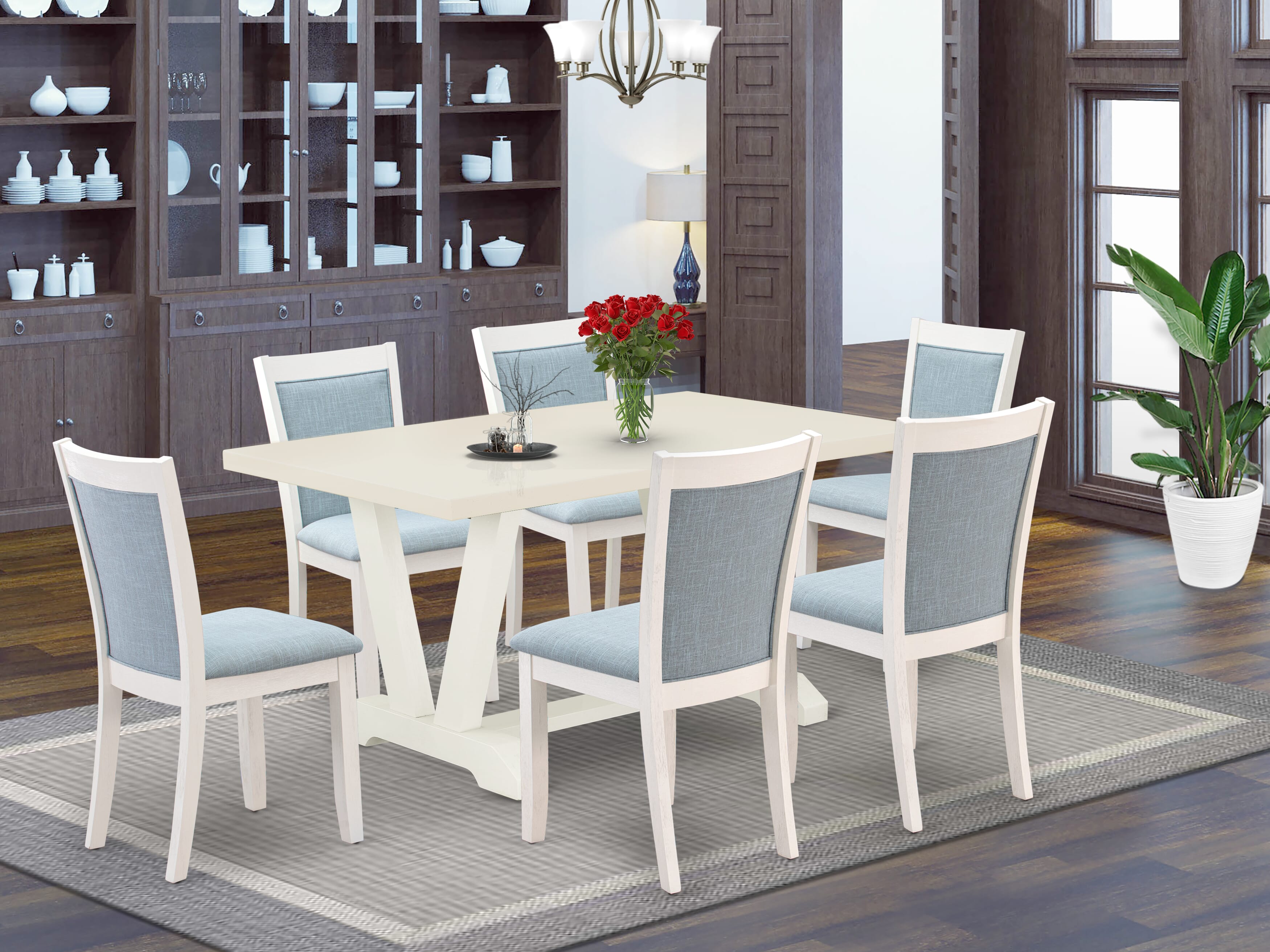 East West Furniture V026MZ015-7 7-Piece Modern Dining Set Contains a Wood Table and 6 Baby Blue Linen Fabric Mid Century Dining Chairs with Stylish Back - Wire Brushed linen white Finish