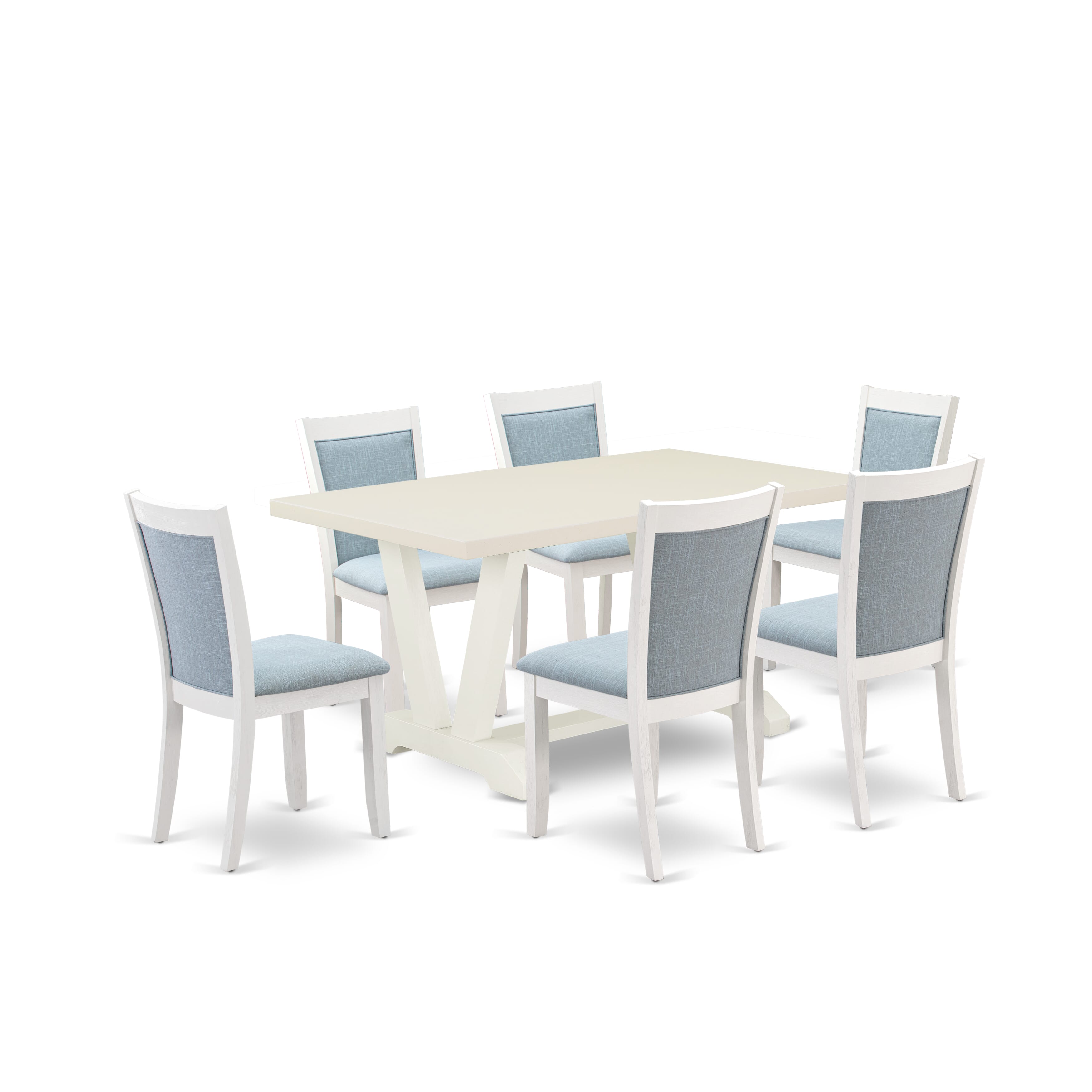 East West Furniture V026MZ015-7 7-Piece Modern Dining Set Contains a Wood Table and 6 Baby Blue Linen Fabric Mid Century Dining Chairs with Stylish Back - Wire Brushed linen white Finish