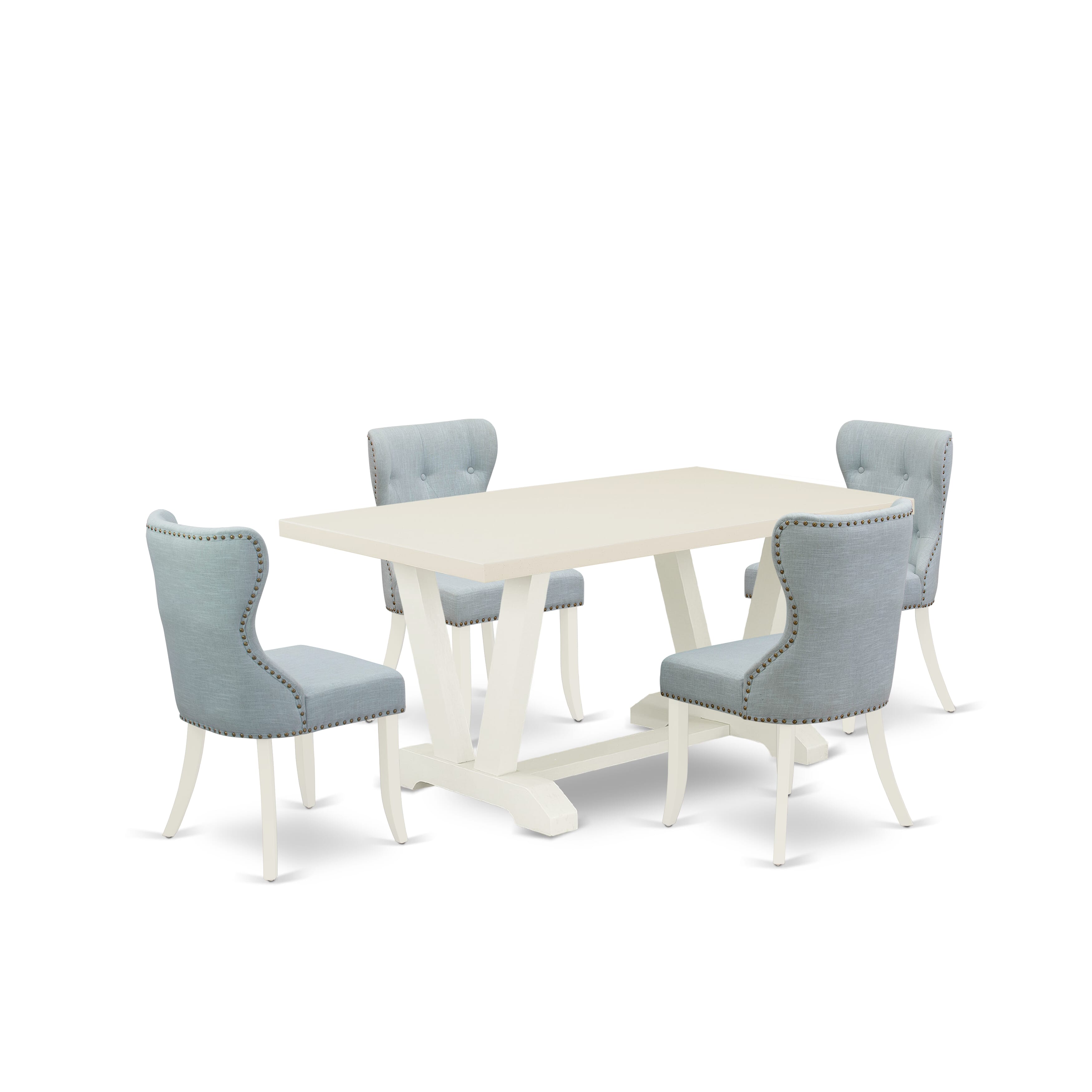 Juego de comedor East West Furniture V026SI215-5 de 5 piezas: 4 sillas Parson con asiento de tela de lino azul bebé y respaldo capitoné con botones, tablero rectangular y patas de madera, acabado blanco lino.