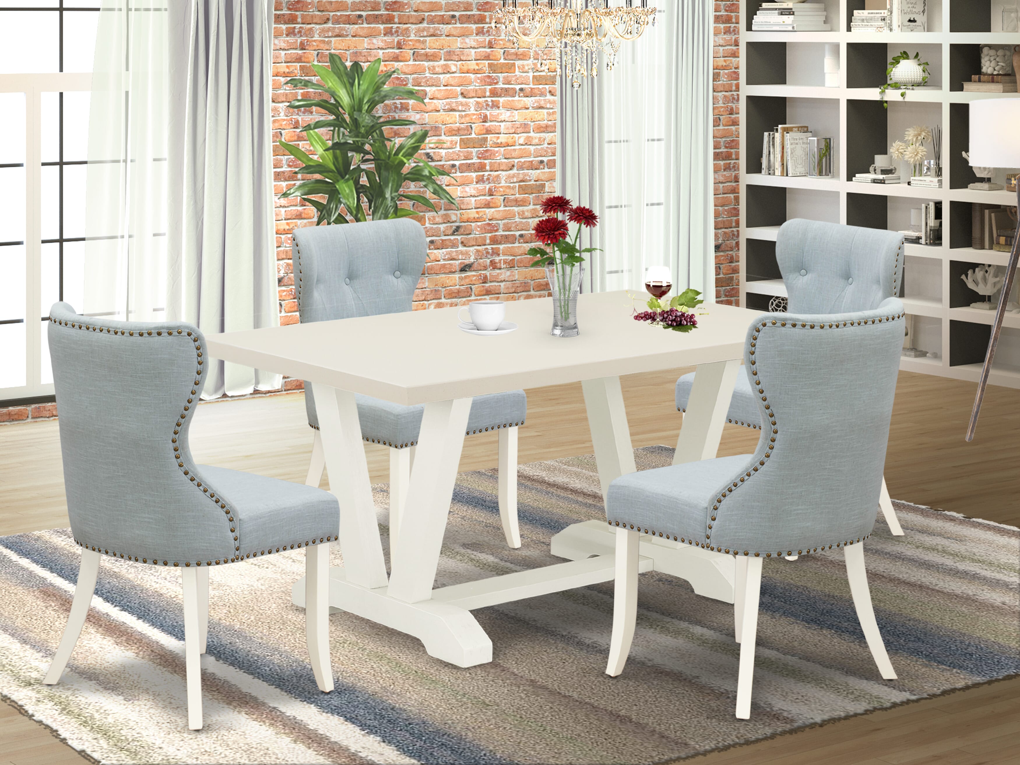 Juego de comedor East West Furniture V026SI215-5 de 5 piezas: 4 sillas Parson con asiento de tela de lino azul bebé y respaldo capitoné con botones, tablero rectangular y patas de madera, acabado blanco lino.