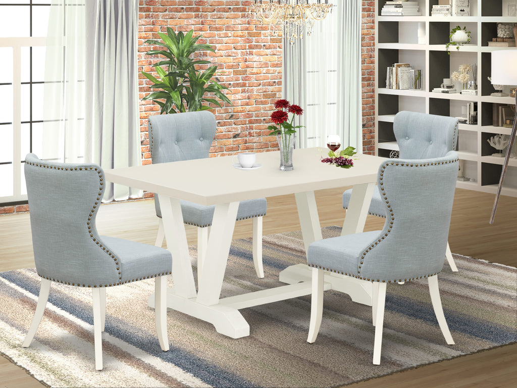 East West Furniture V026SI215-5 5-Piece Dining Room Table Set- 4 Parson Chairs with Baby Blue Linen Fabric Seat and Button Tufted Chair Back - Dining Room Table - linen white Finish