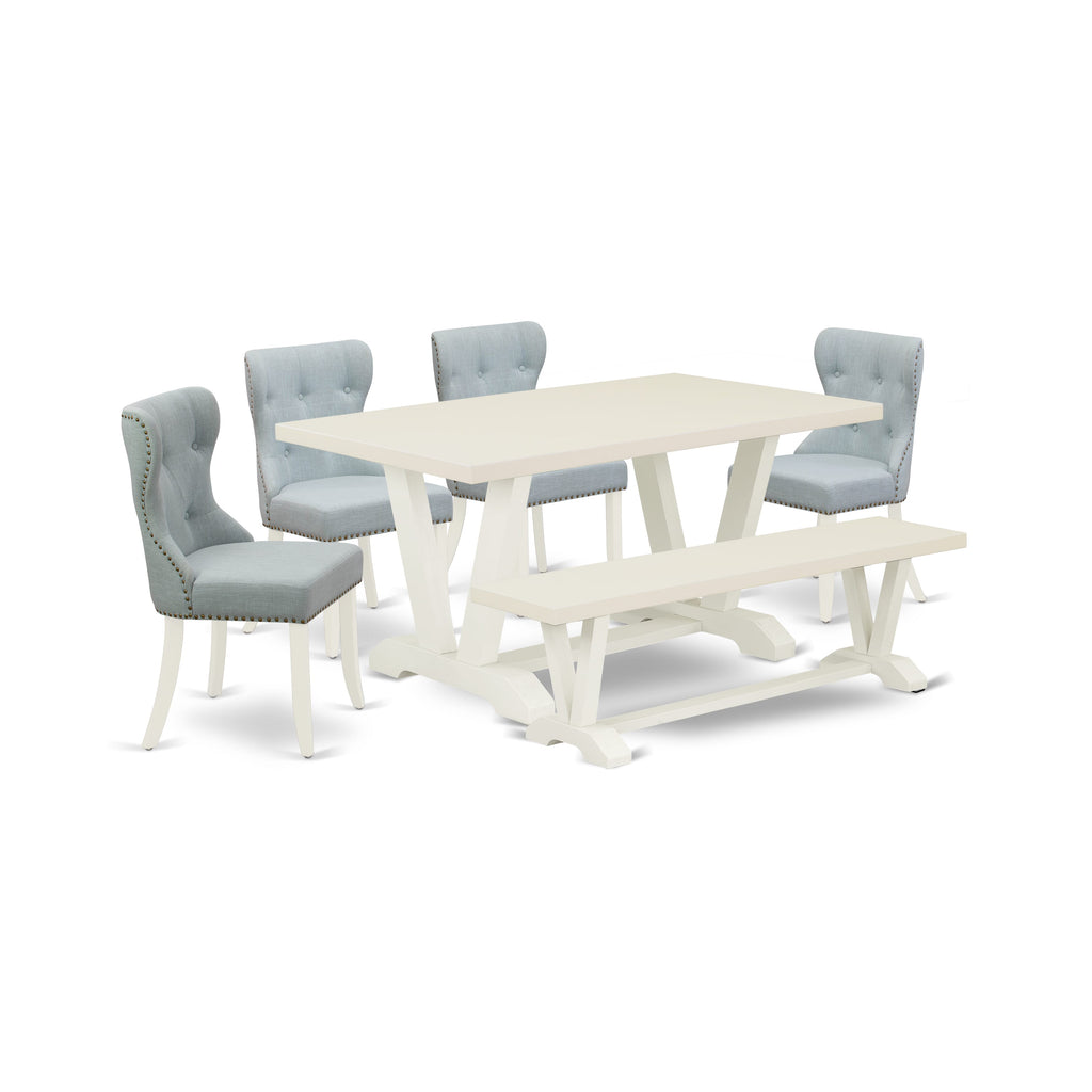 East West Furniture V026SI215-6 6-Piece Modern Dining Table Set- 4 Baby Blue Linen Fabric Dining Chairs with Button Tufted Back - Kitchen Table and 1 Dining Bench (linen white Finish)
