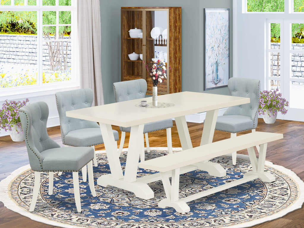 East West Furniture V026SI215-6 6-Piece Modern Dining Table Set- 4 Baby Blue Linen Fabric Dining Chairs with Button Tufted Back - Kitchen Table and 1 Dining Bench (linen white Finish)