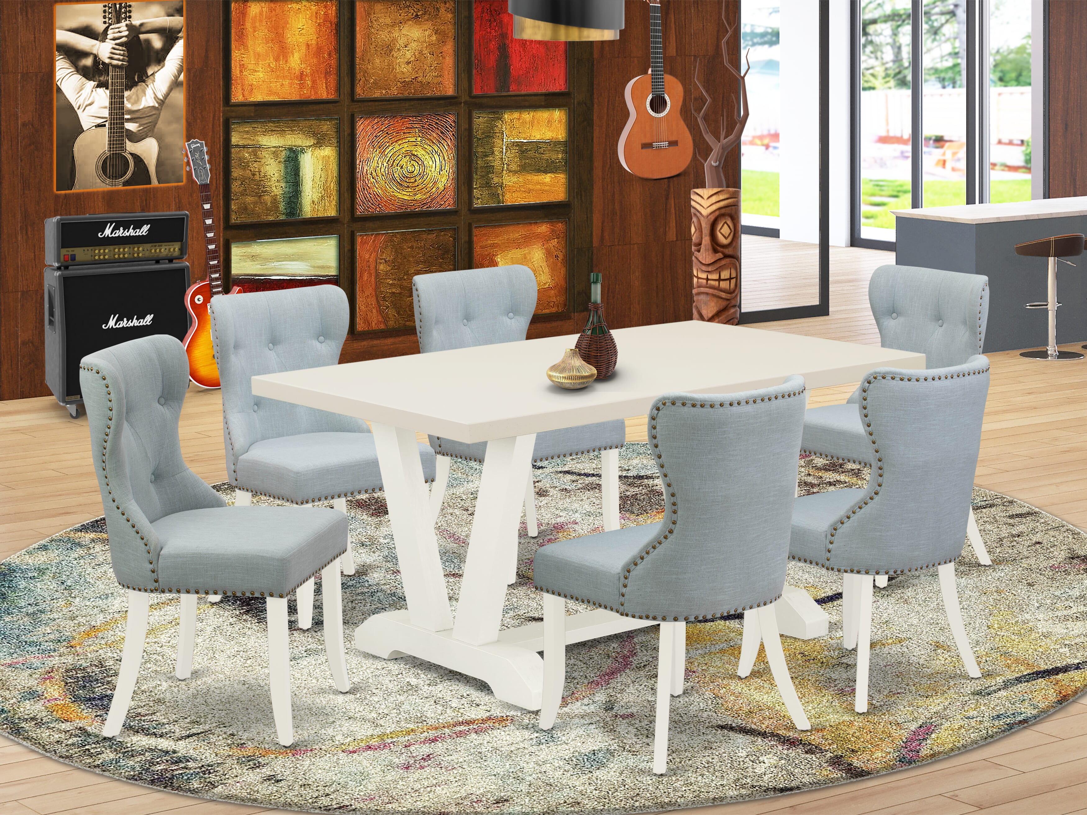 Juego de comedor moderno East West Furniture V026SI215-7 de 7 piezas: 6 sillas tapizadas con asiento de tela de lino azul bebé y respaldo capitoné con botones. Tablero rectangular y patas de madera. Acabado blanco lino.
