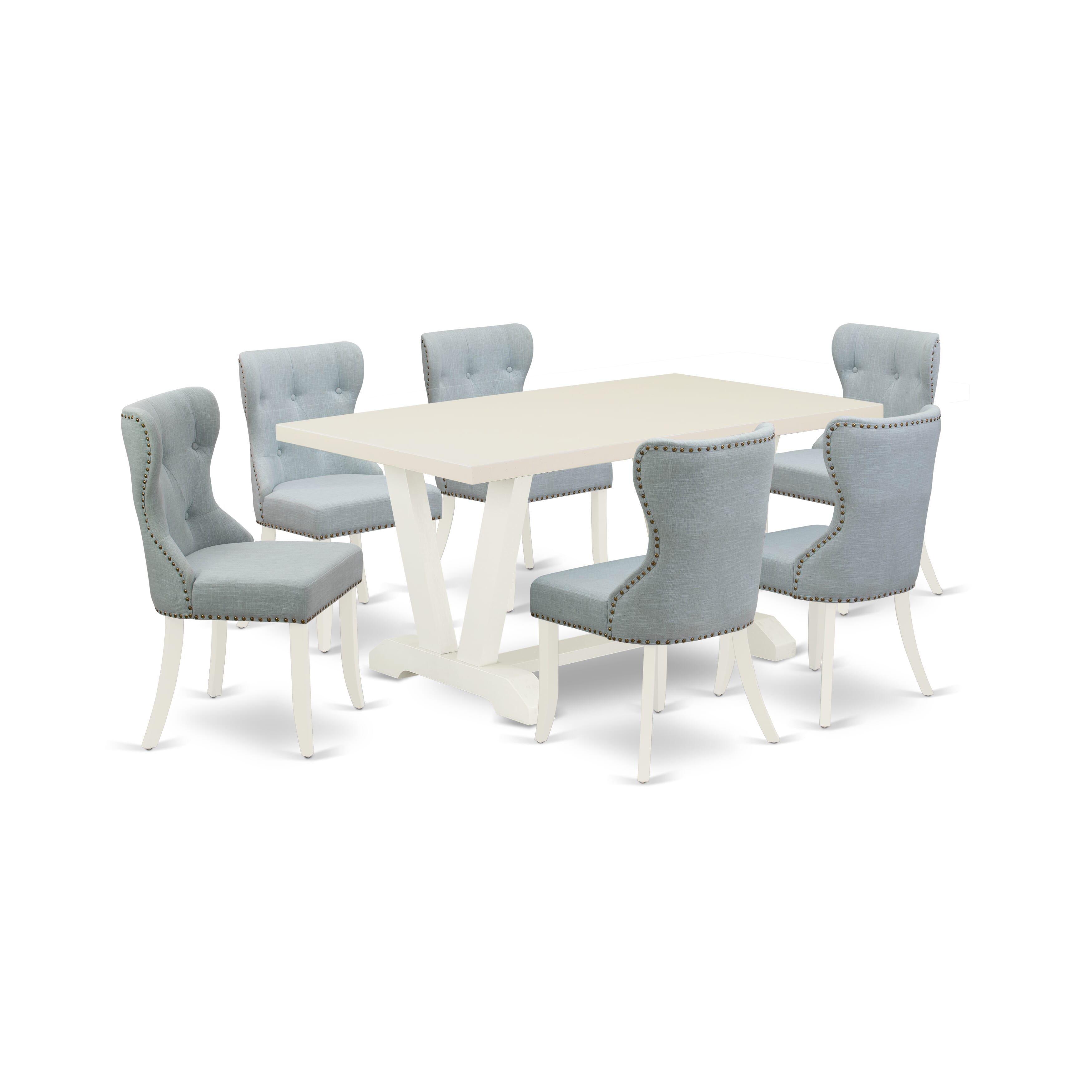 Juego de comedor moderno East West Furniture V026SI215-7 de 7 piezas: 6 sillas tapizadas con asiento de tela de lino azul bebé y respaldo capitoné con botones. Tablero rectangular y patas de madera. Acabado blanco lino.